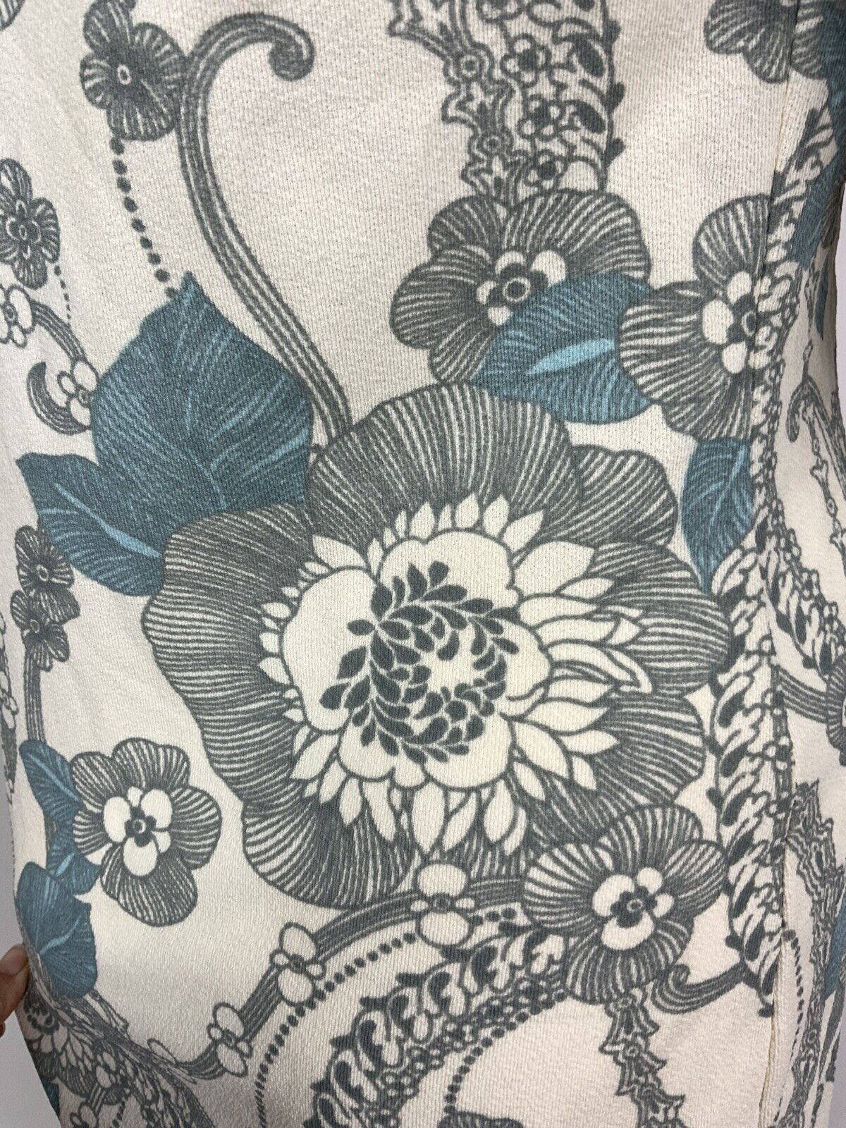 VTG MOD 60s 70s WHITE BLUE GREY FLORAL PSYCH ZIP-UP DAGGER DRESS 8 10