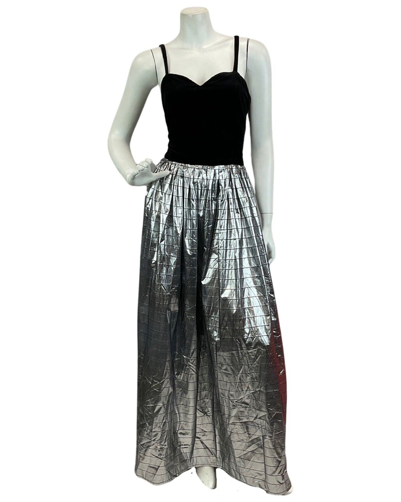 VINTAGE 70s 80s BLACK SILVER METALLIC DISCO EVENING PARTY MAXI DRESS 8 10