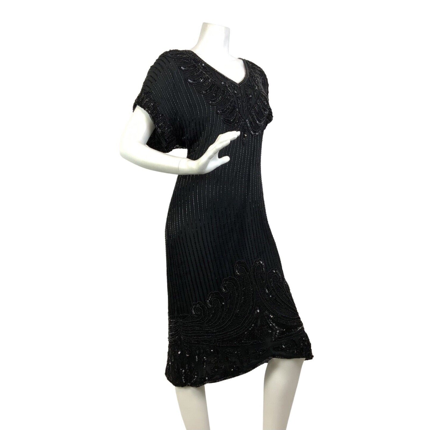 VINTAGE 70s 80s BLACK SEQUIN BEADED FLAPPER STYLE DISCO GLAM PARTY DRESS 14