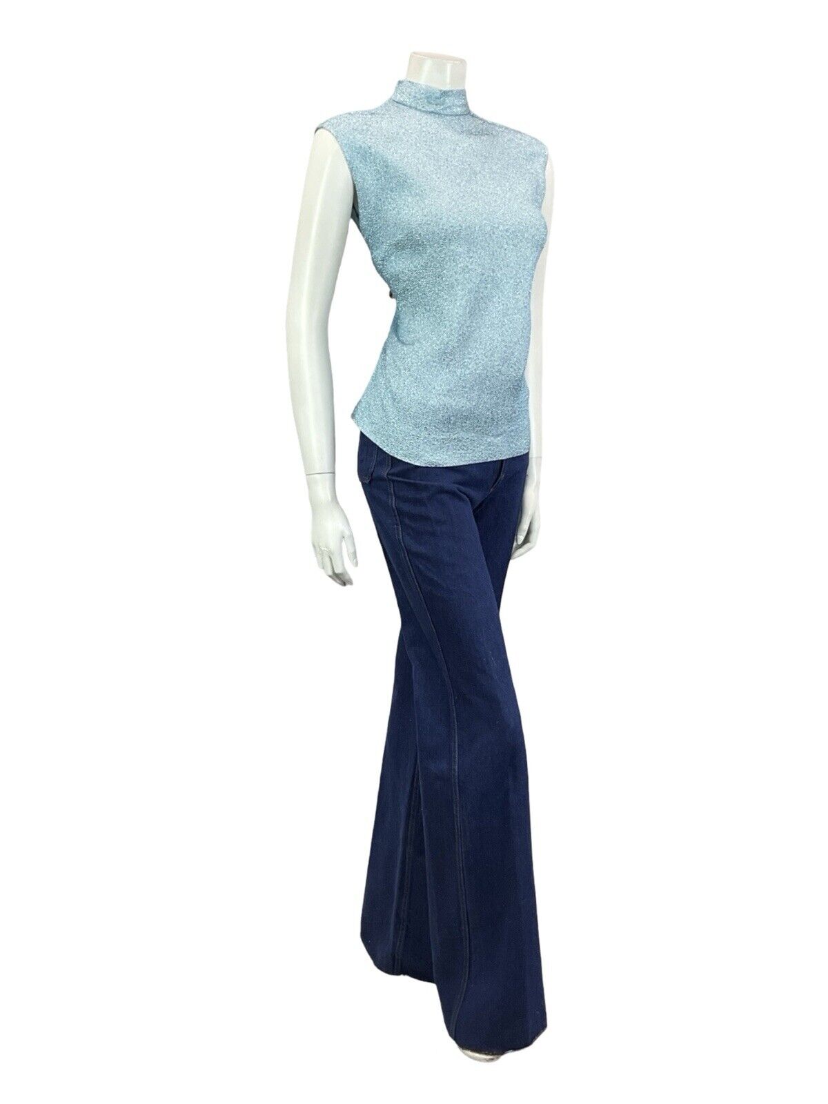 VTG 60S POWDER BLUE MOD GOGO LUREX SLEEVELESS FUNNEL NECK SHIFT PARTY TOP 10