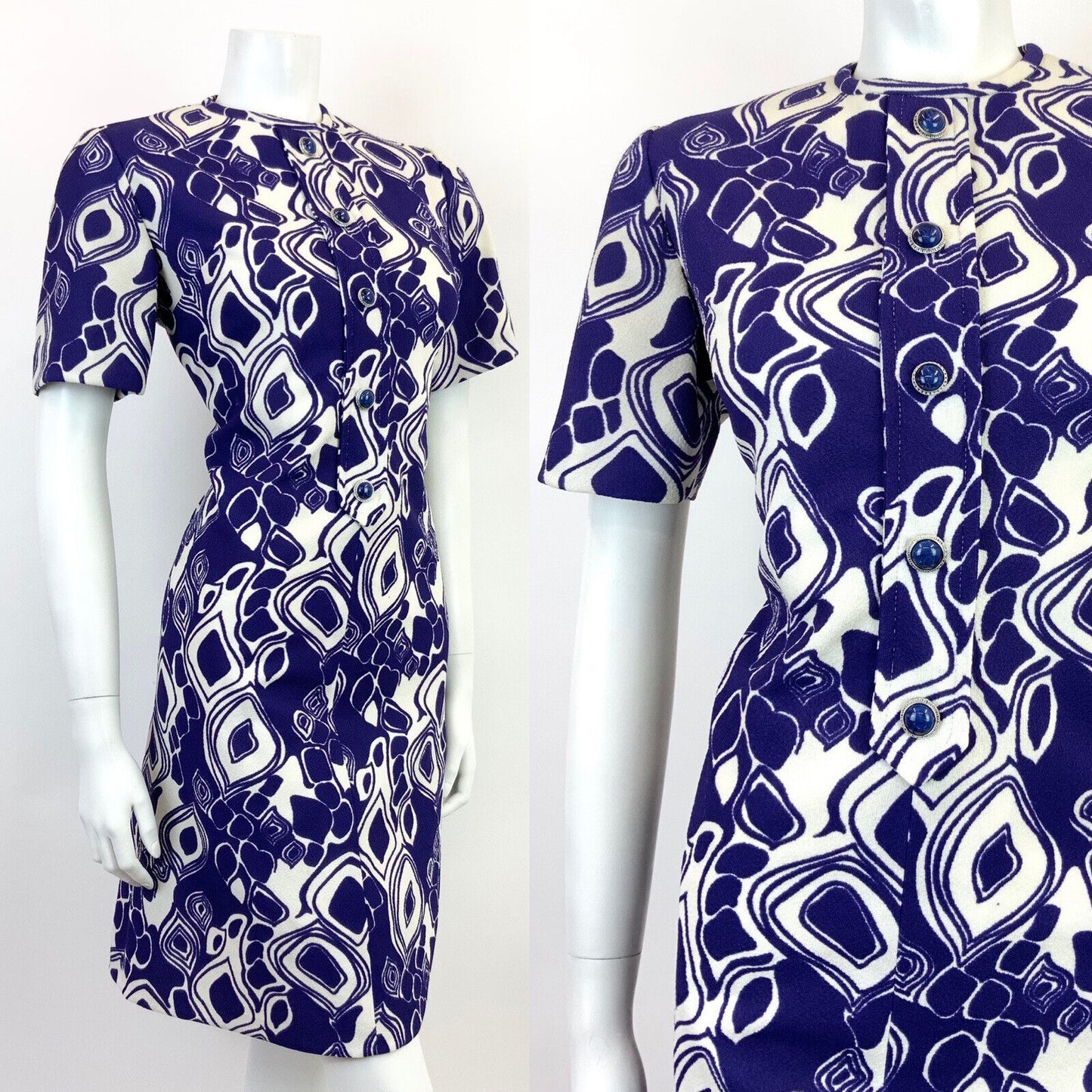 VINTAGE 60s 70s VIOLET PURPLE WHITE PSYCHEDELIC GEOMETRIC MOD SHORT DRESS 10 12