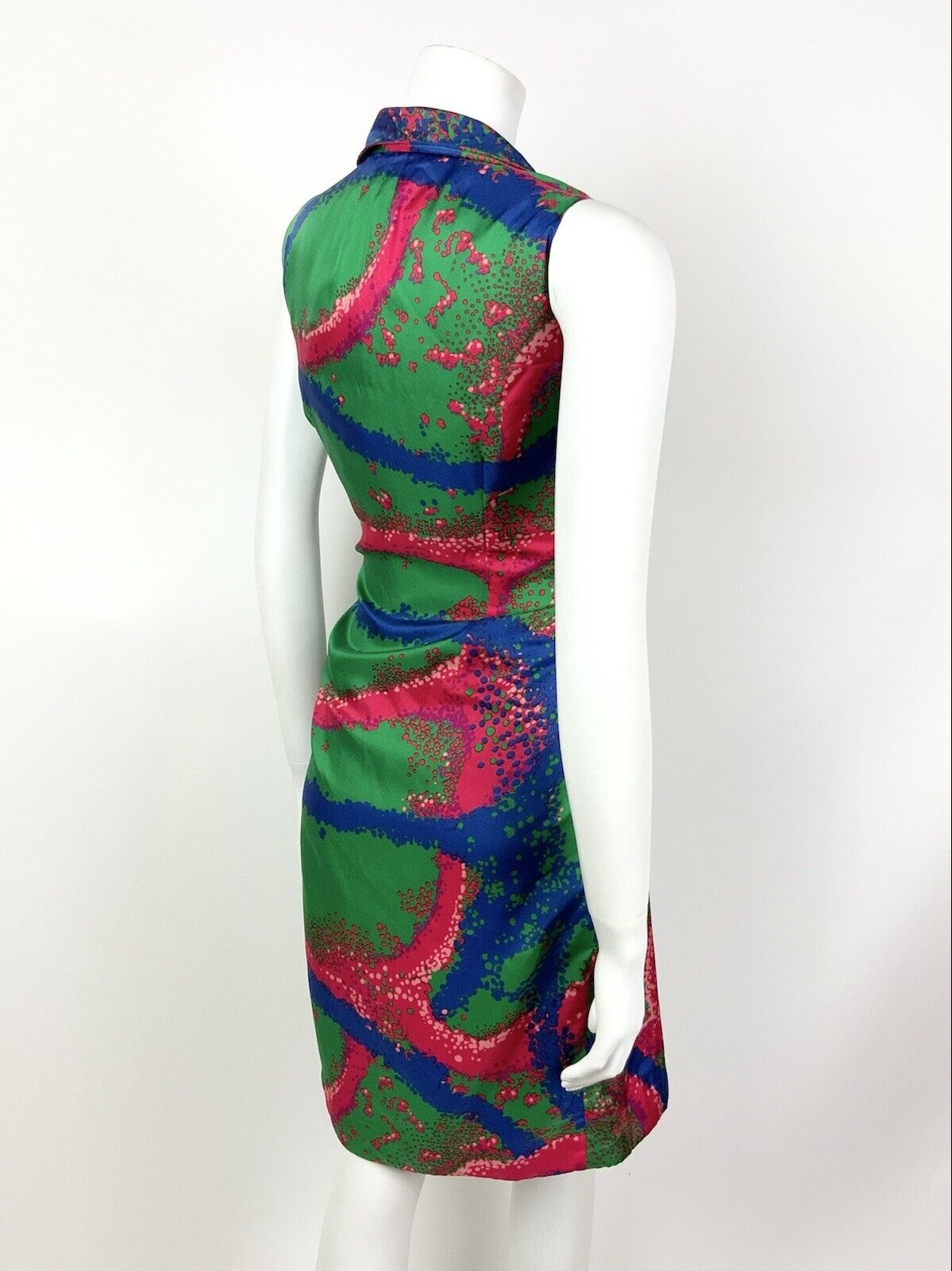 VINTAGE 60s 70s GREEN BLUE RED PINK ABSTRACT PSYCHEDELIC WING COLLAR DRESS 12