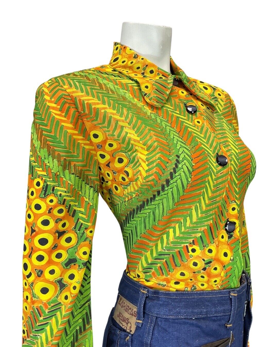 VINTAGE 60s 70s YELLOW GREEN PSYCHEDELIC DOTTY BEAGLE COLLAR MOD SHIRT 12 14