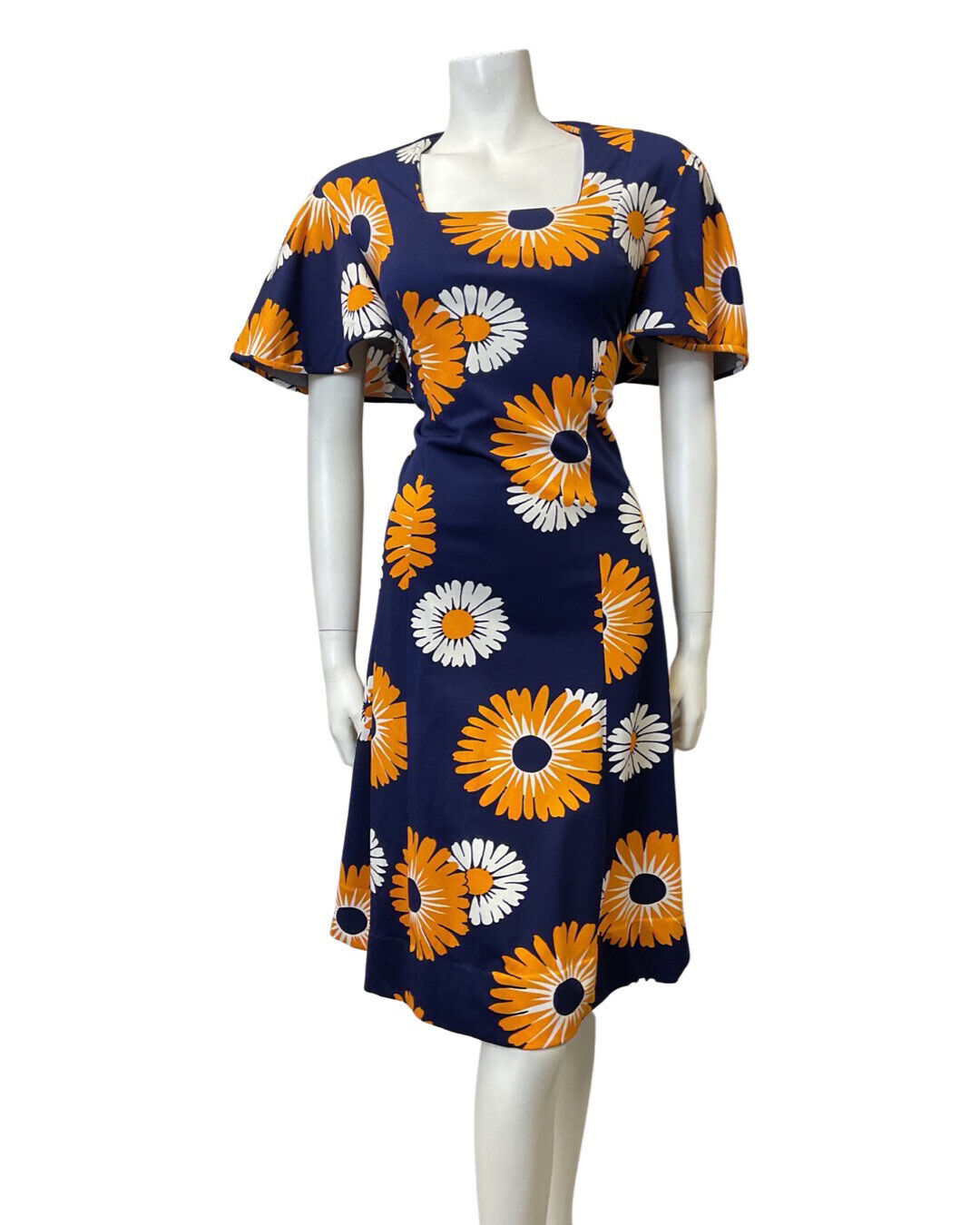 VINTAGE 60s 70s BLUE ORANGE WHITE DAISY FLOWER FLARED SLEEVE MOD DRESS 14 16