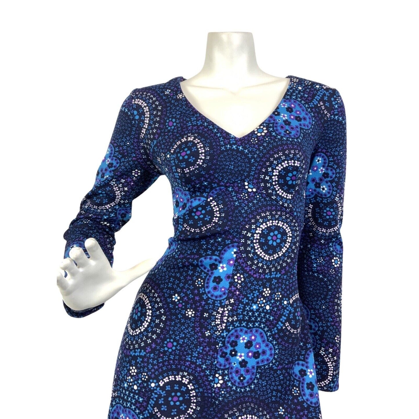 VTG 60s 70s BLUE PURPLE WHITE PSYCHEDELIC FLORAL DITSY MANDALA MAXI DRESS 10 12
