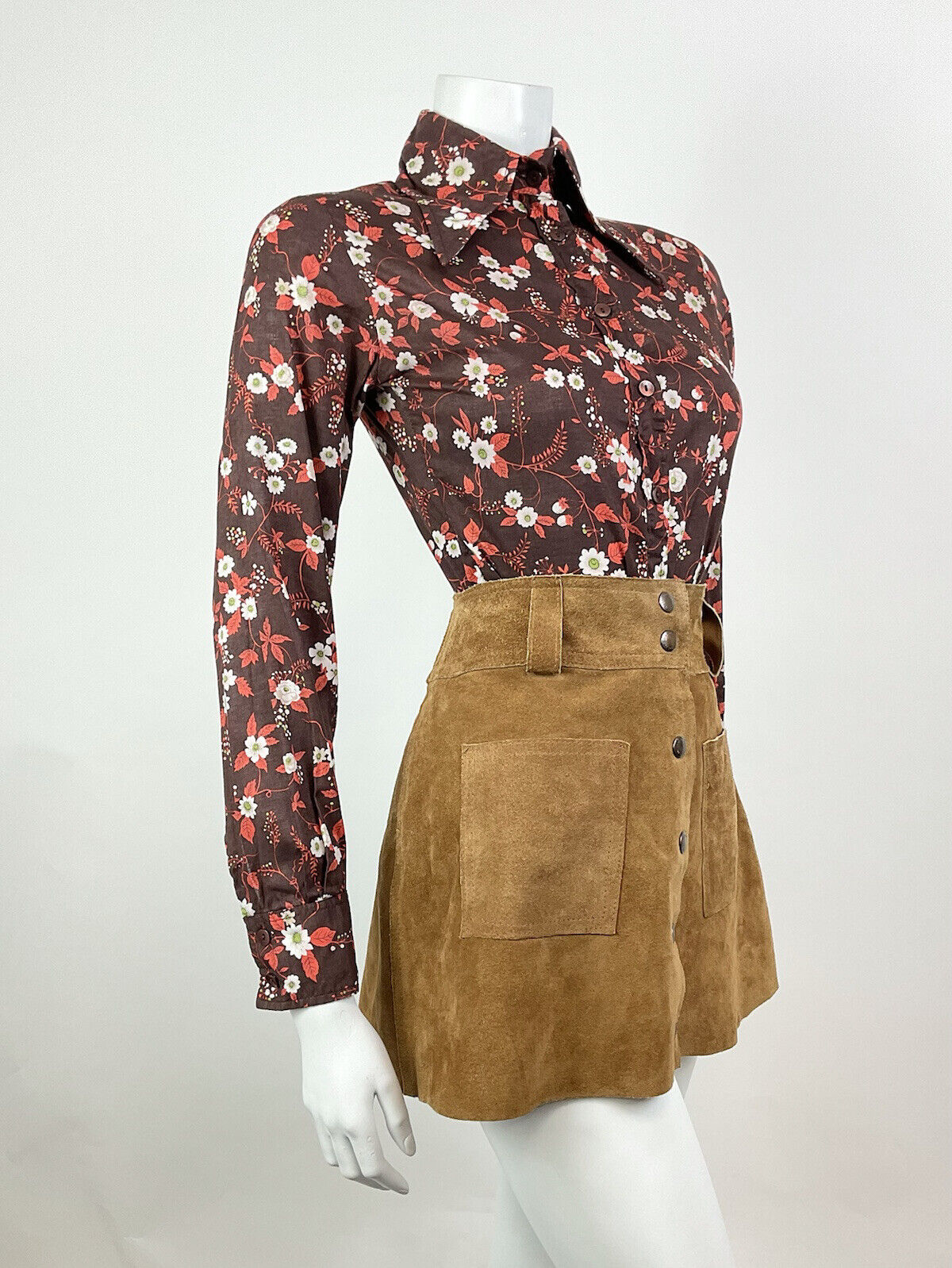 VTG 60s 70s BROWN WHITE ORANGE BOTANICAL FLORAL LEAFY BERRY DAGGER SHIRT 8 10