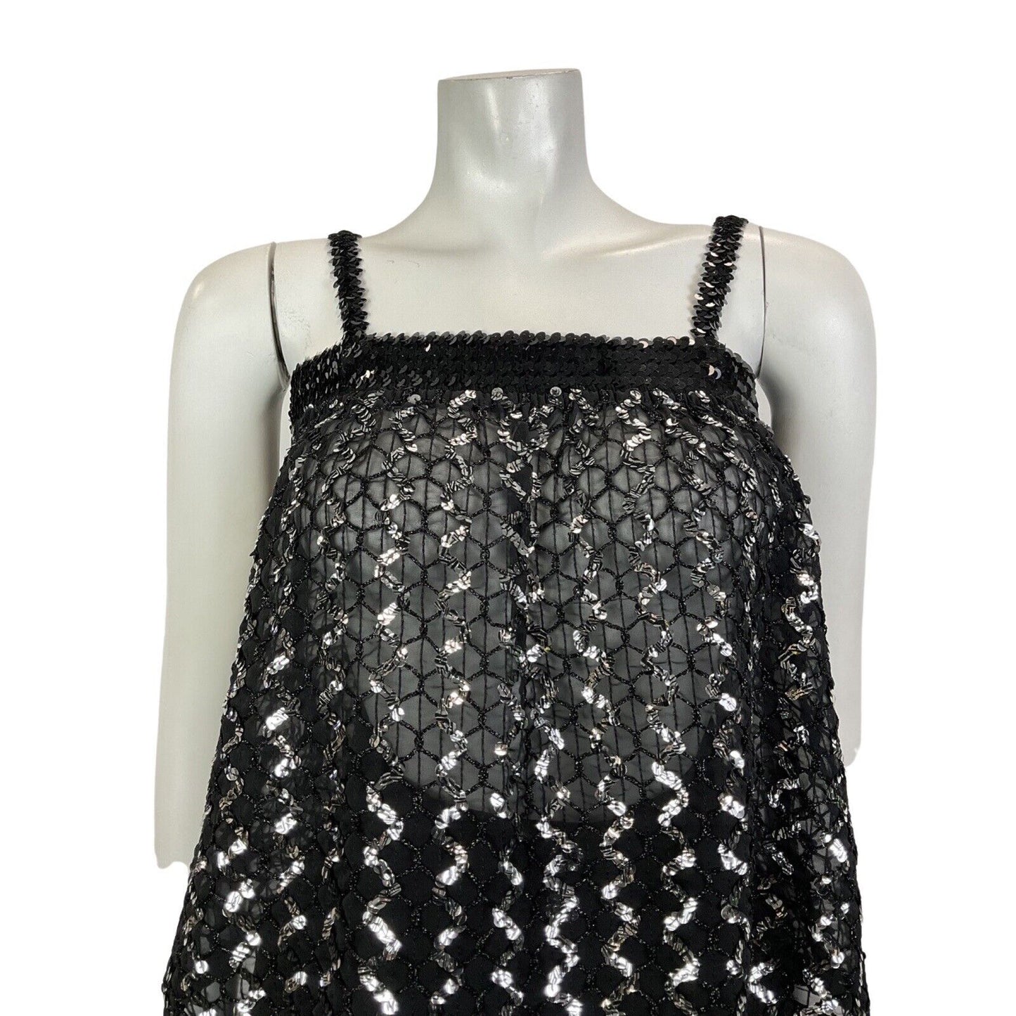 VINTAGE 70s 80s BLACK SILVER ZIG-ZAG SEQUIN STRAPPY DISCO STUDIO 54 TOP 8 10