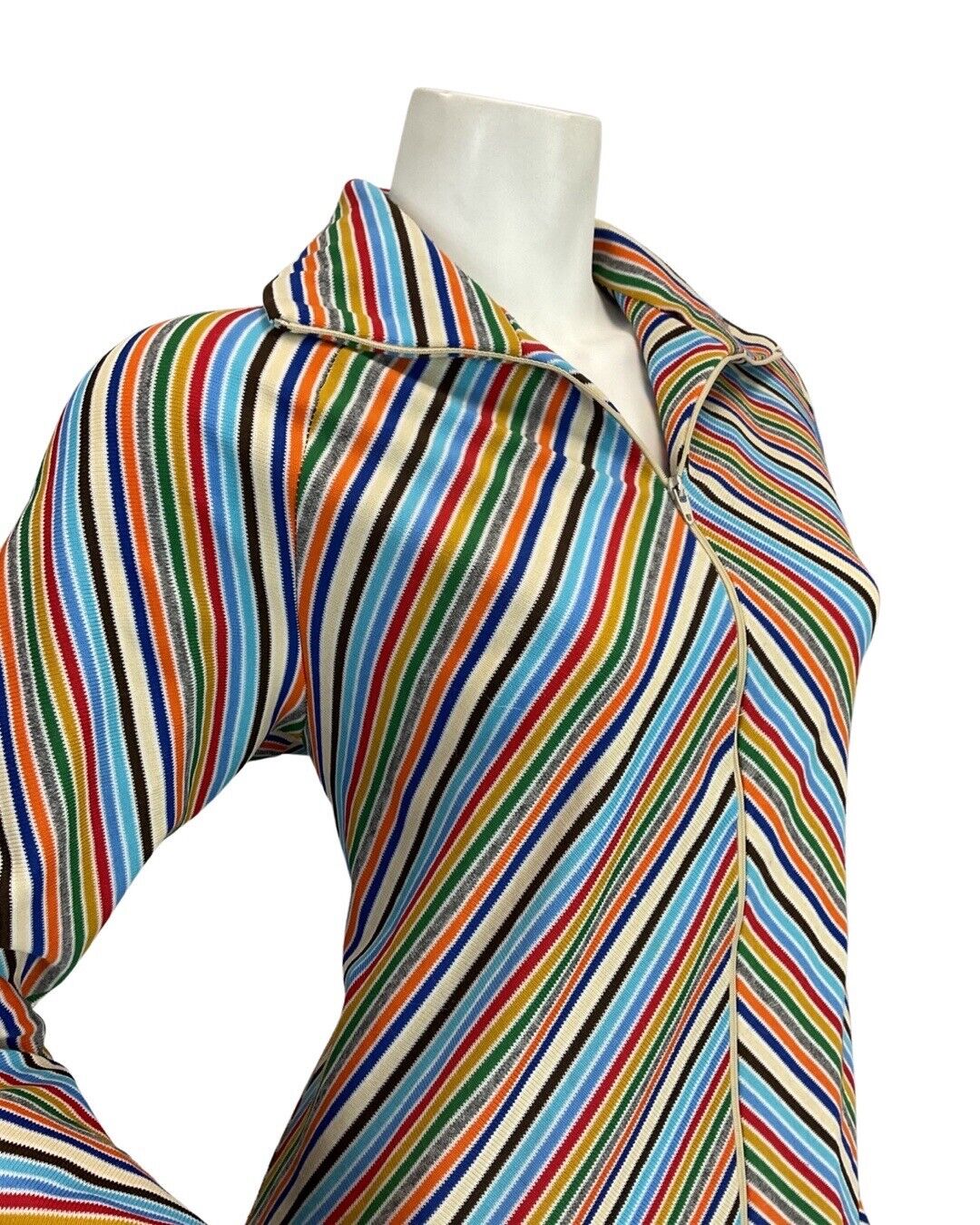 VINTAGE 70s BLUE WHITE RED GREEN STRIPED MOD ZIP-UP SHIRT MAXI DRESS 12 14