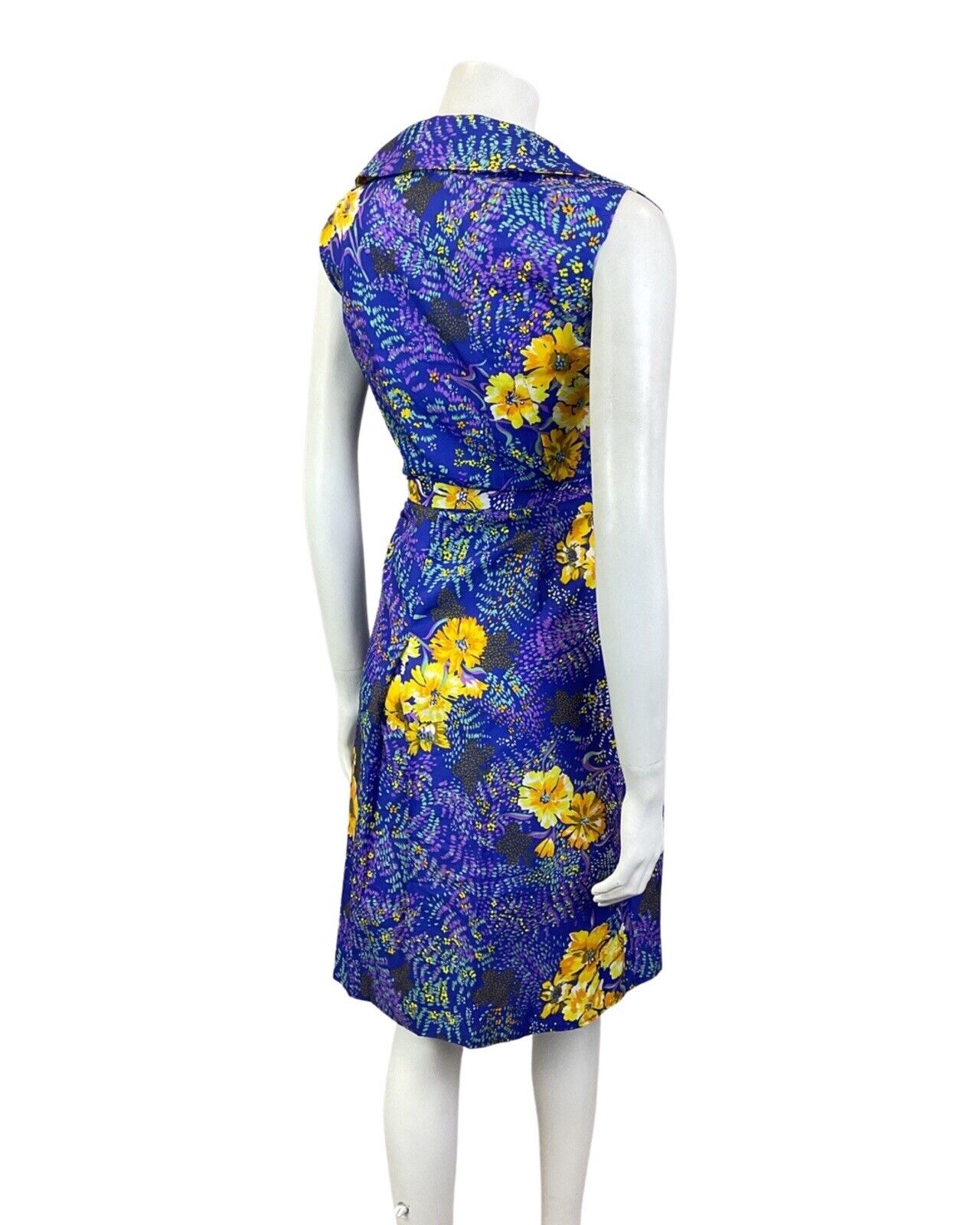 VINTAGE 60s 70s BLUE PURPLE YELLOW FLORAL DAGGER COLLAR SHIRT DRESS 12 14