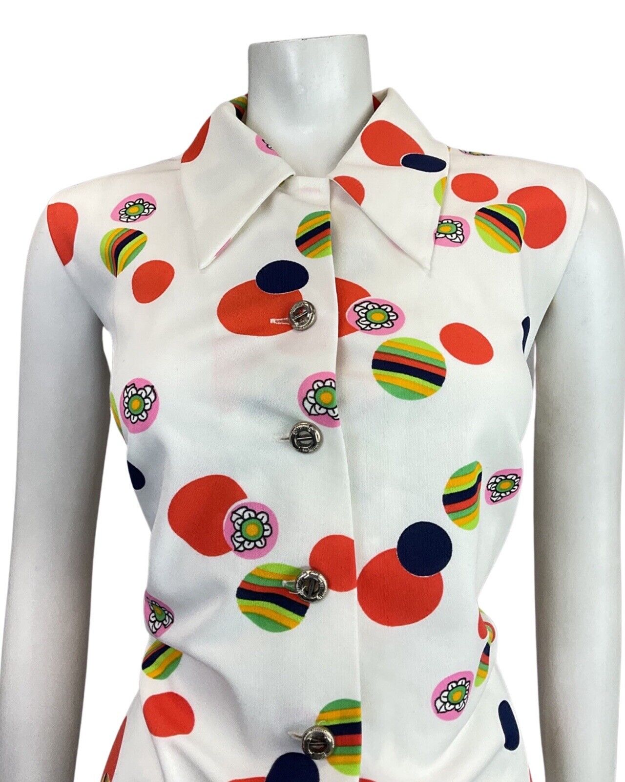 VINTAGE 60s 70s WHITE RED PINK STRIPED DAISY DOTTY MOD SLEEVELESS SHIRT DRESS 16