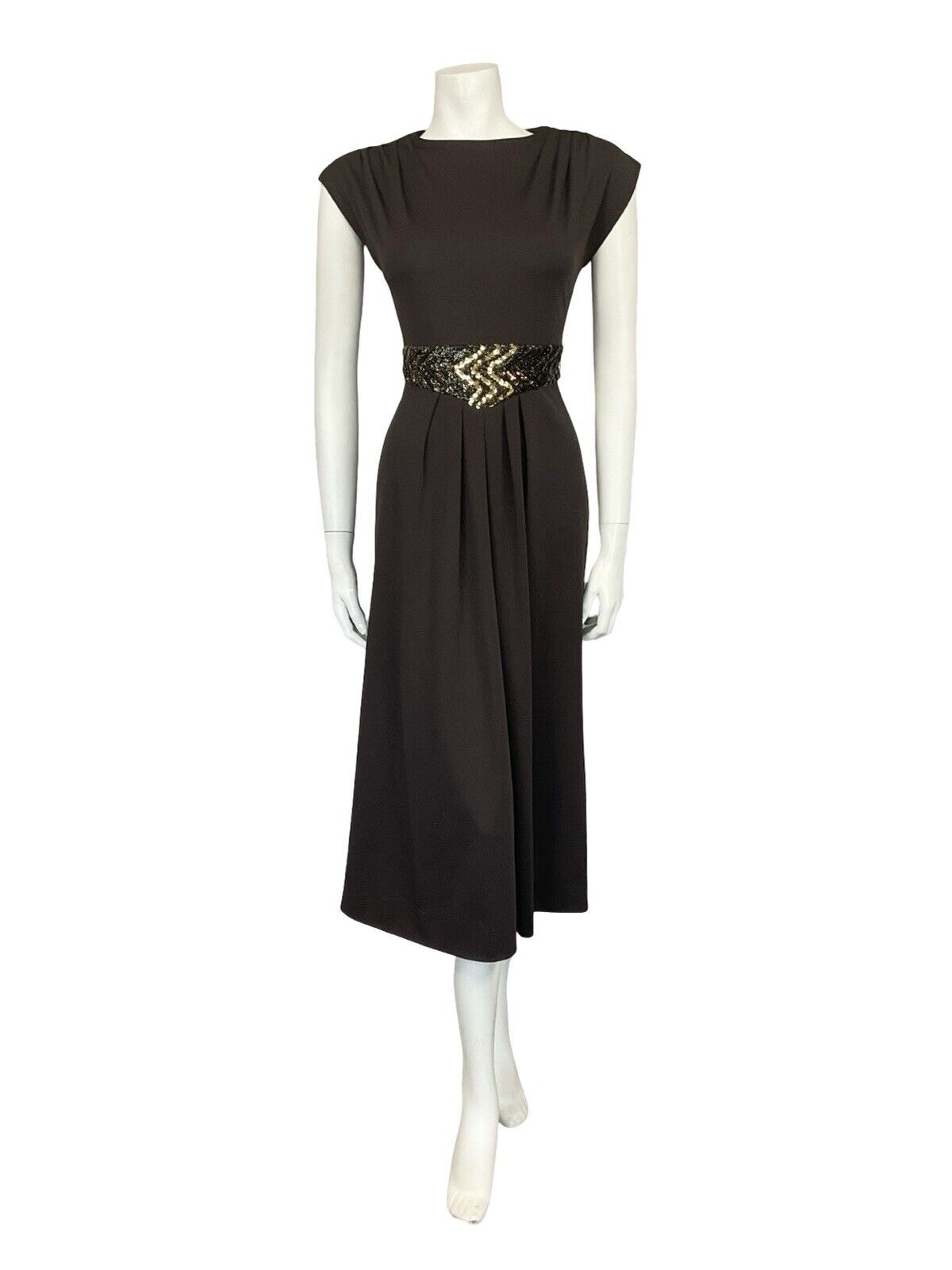 VTG 60S 70S BROWN GOLD SEQUIN BAND PLEATED TUNIC MOD PARTY MIDI DRESS 8