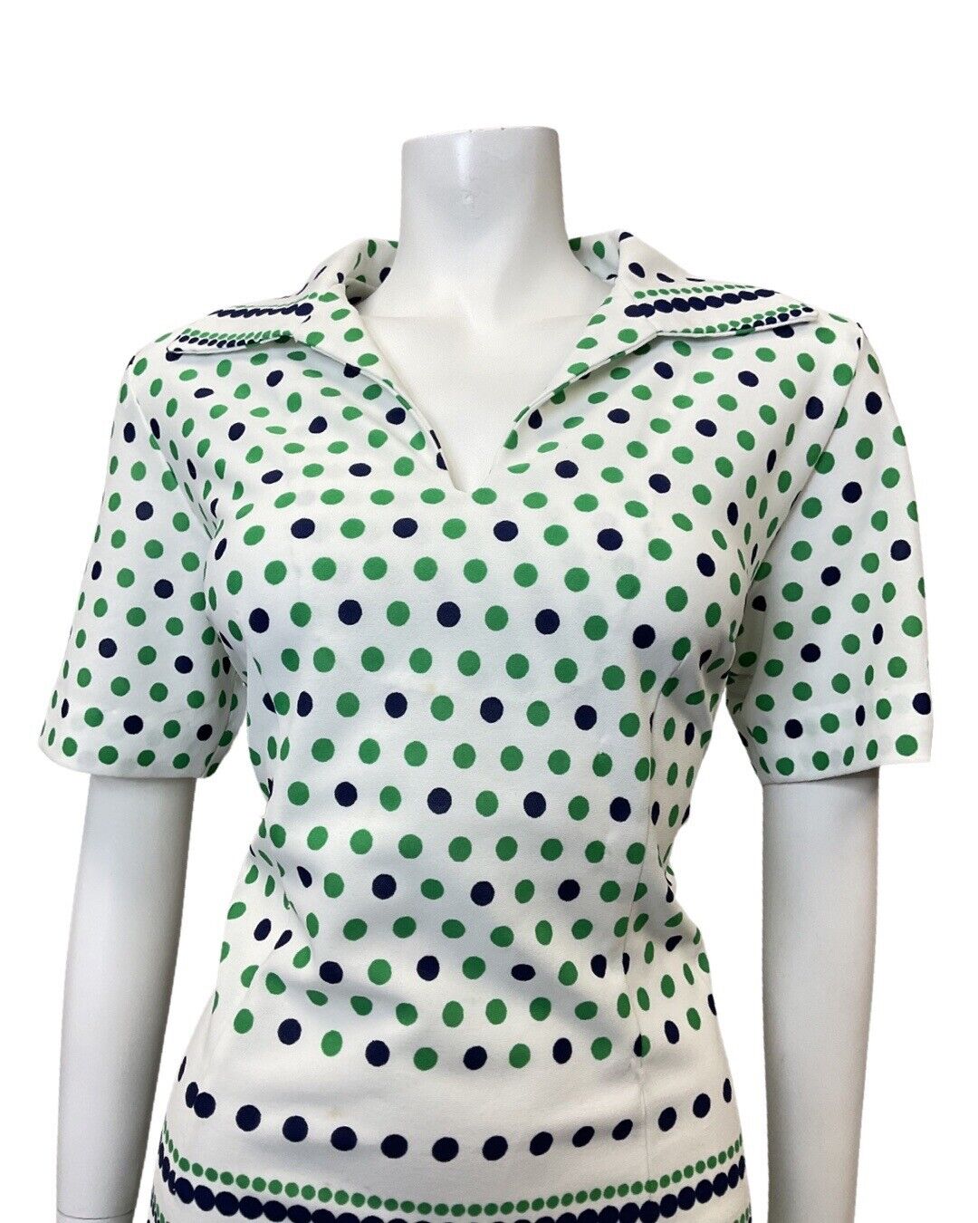VINTAGE 60s 70s WHITE GREEN BLUE POLKA-DOT STRIPED MOD SHIRT DRESS 14 16