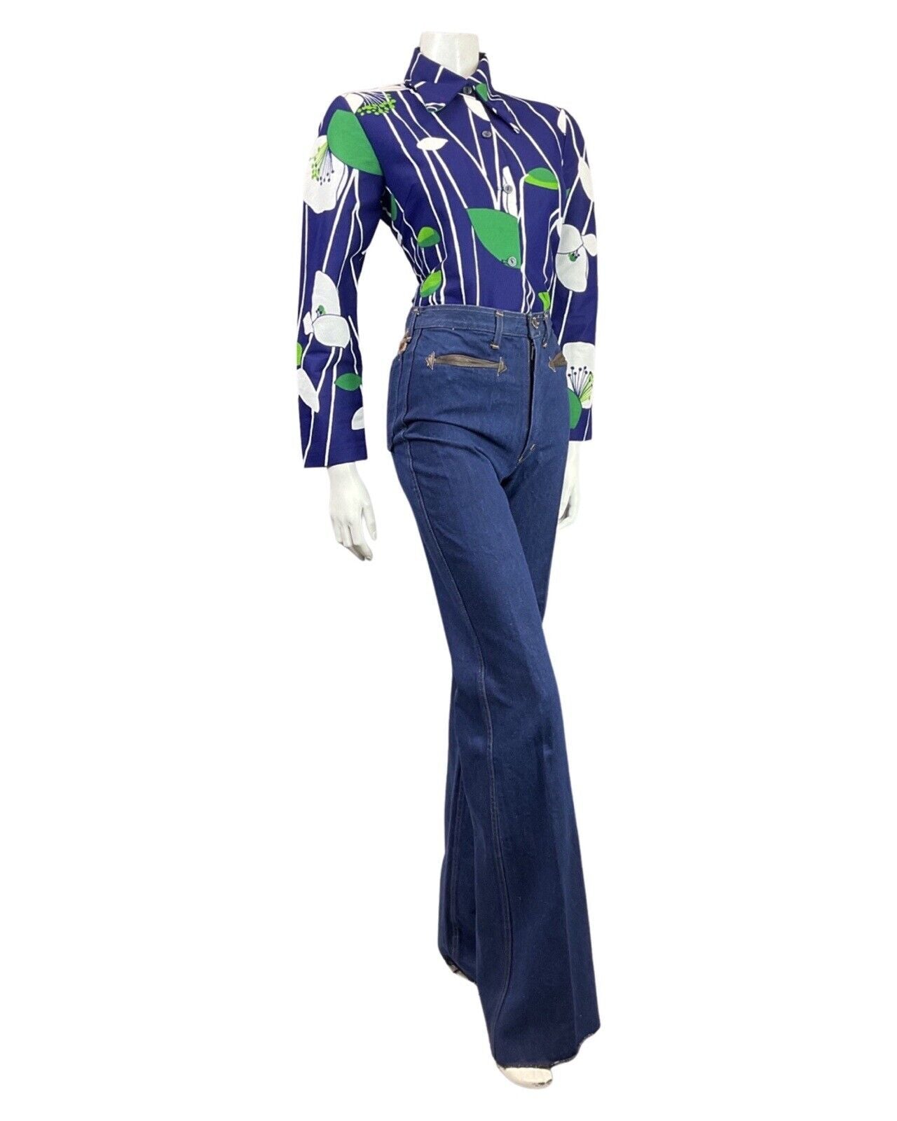 VINTAGE 60s 70s NAVY BLUE WHITE GREEN STRIPED LEAFY FLORAL DAGGER BLOUSE 14