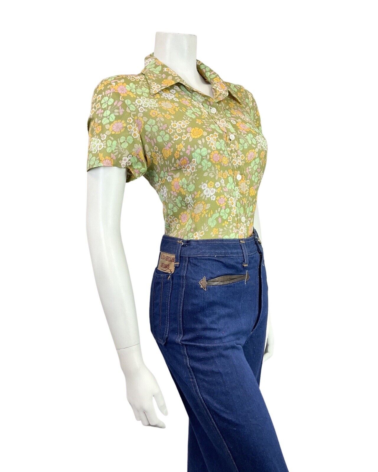 VINTAGE 60s 70s GREEN PINK YELLOW FLORAL BOTANICAL PRAIRIE BLOUSE 12 14