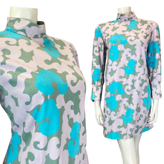 VINTAGE 60s 70s LILAC BLUE GREN ORNATE SWIRLING HIGH NECK MOD SHIFT DRESS 12 14