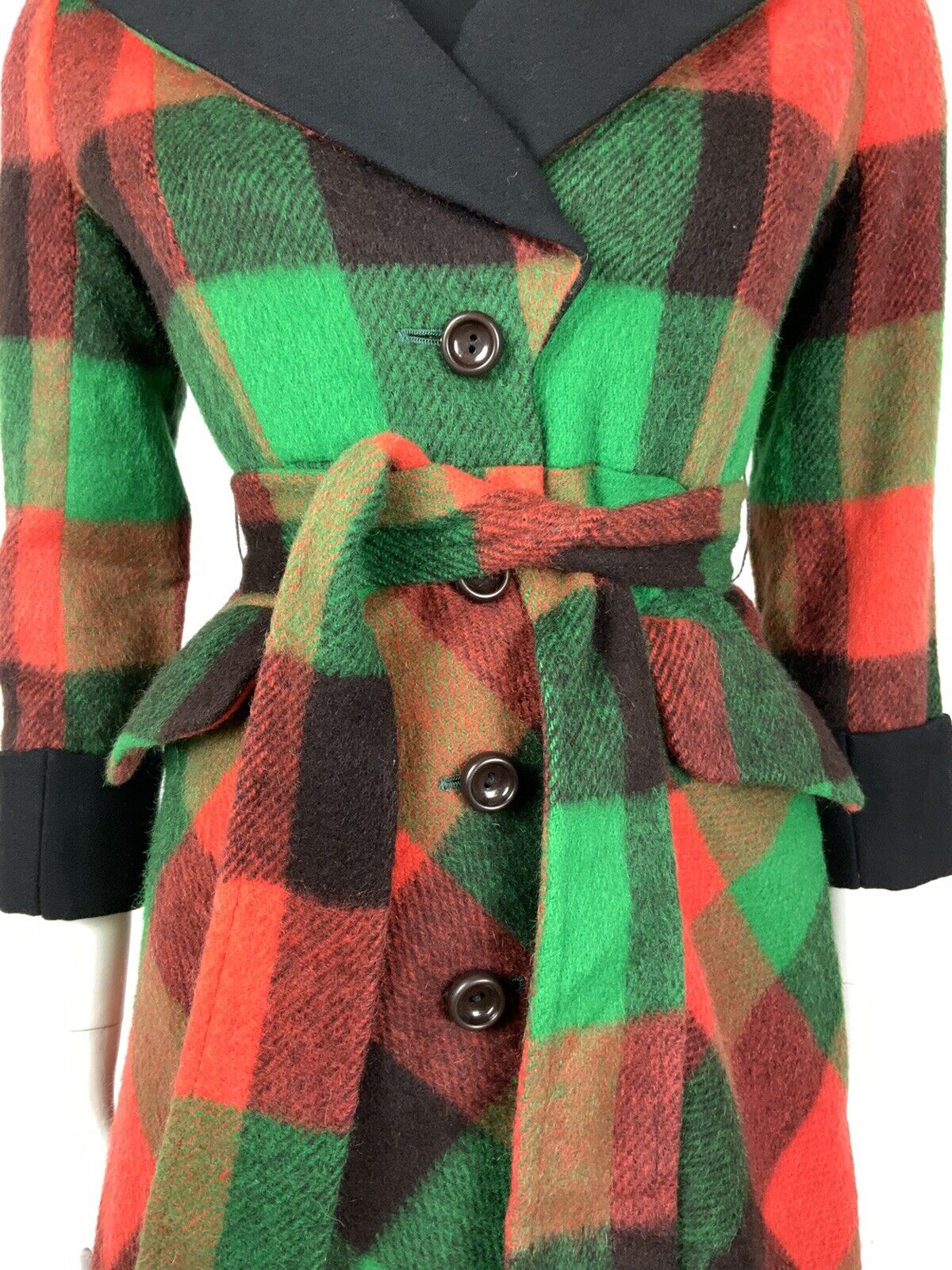VTG 90s DOES 70S GREEN ORANGE BLACK CHECK BELTED PRINCESS SHORT WOOL COAT 8