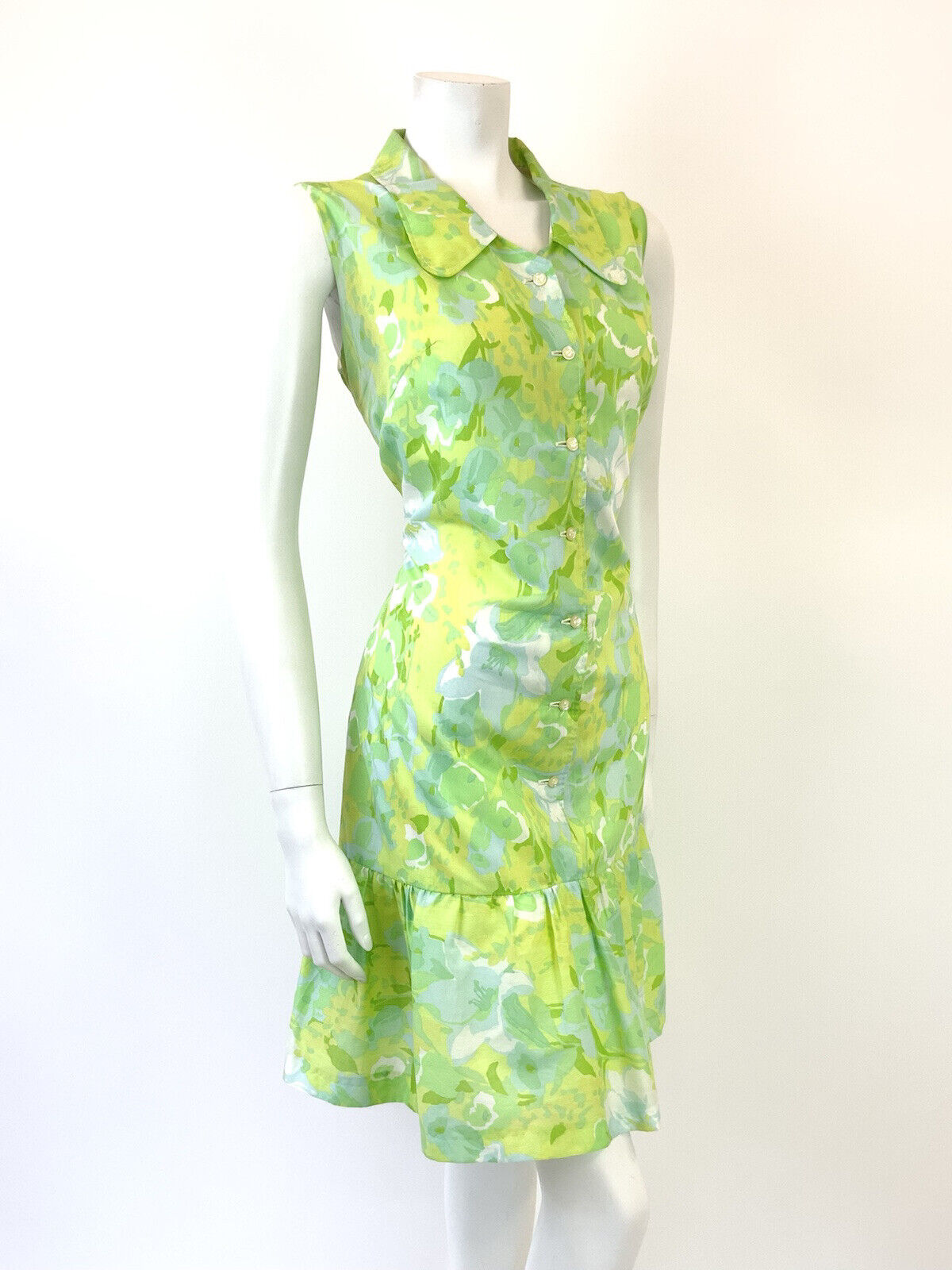 VTG 60s 70s GREEN BLUE YELLOW PSYCHEDELIC FLORAL SPOON COLLAR MOD DRESS 14 16