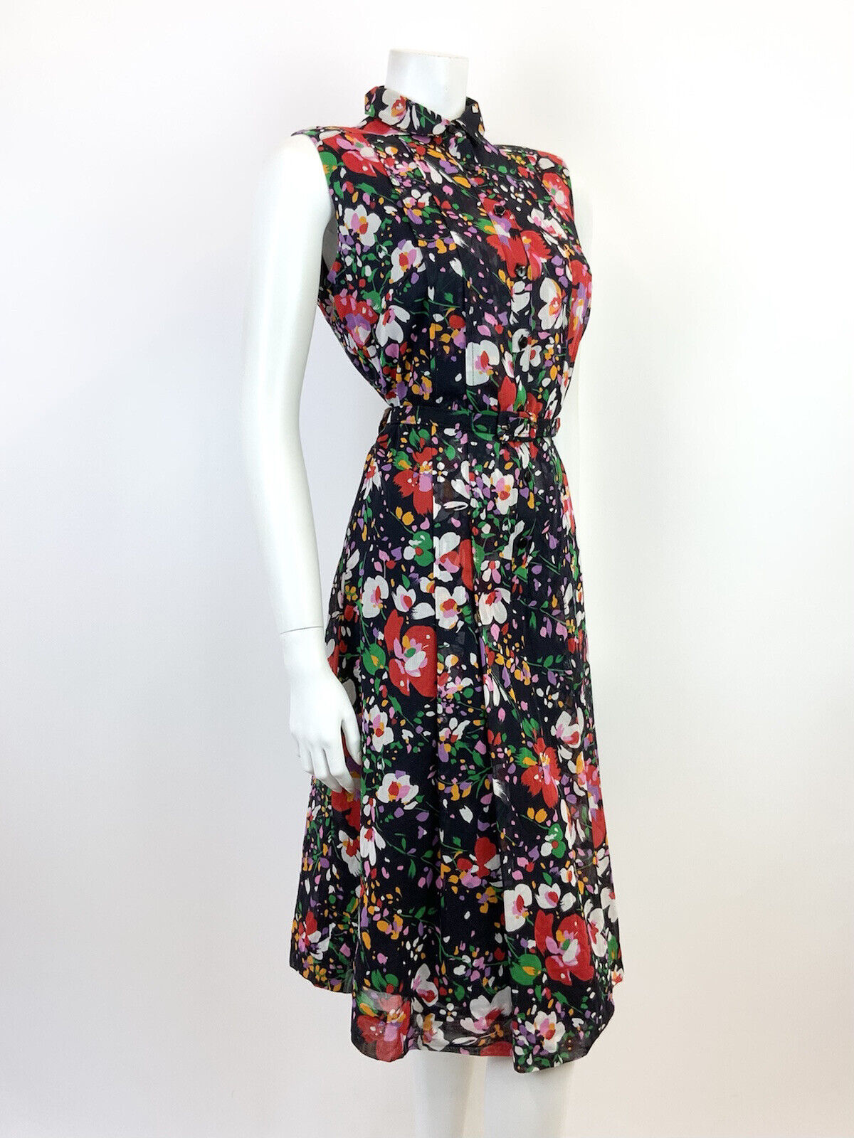 VTG 60s 70s BLACK RED WHITE GREEN FLORAL BELTED MOD SLEEVELESS SHIRT DRESS 12 14