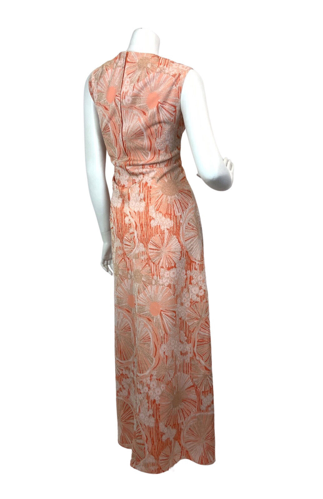 VINTAGE 60s 70s ORANGE WHITE GOLD PSYCHEDELIC FLORAL MOD LUREX MAXI DRESS 10 12