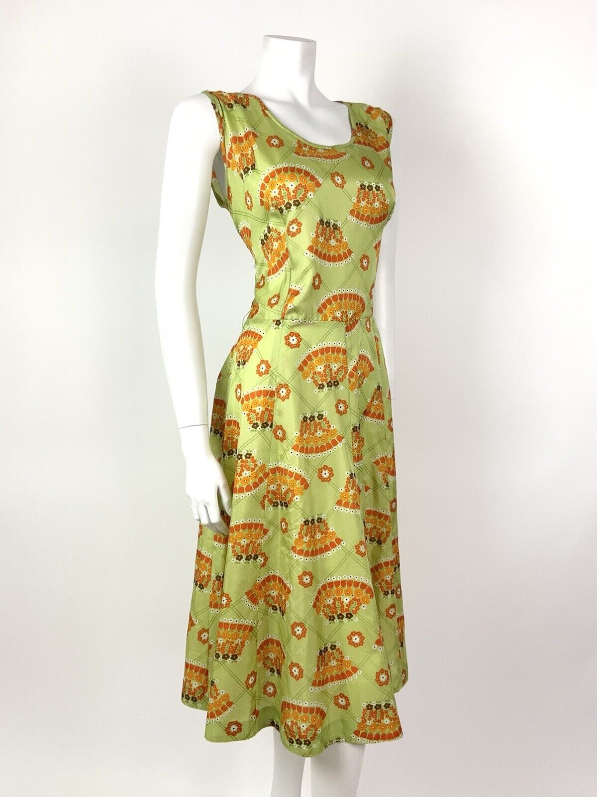 VINTAGE 60s 70s LIME GREEN ORANGE BROWN CHECKED FLORAL FAN MOD DRESS 12 14