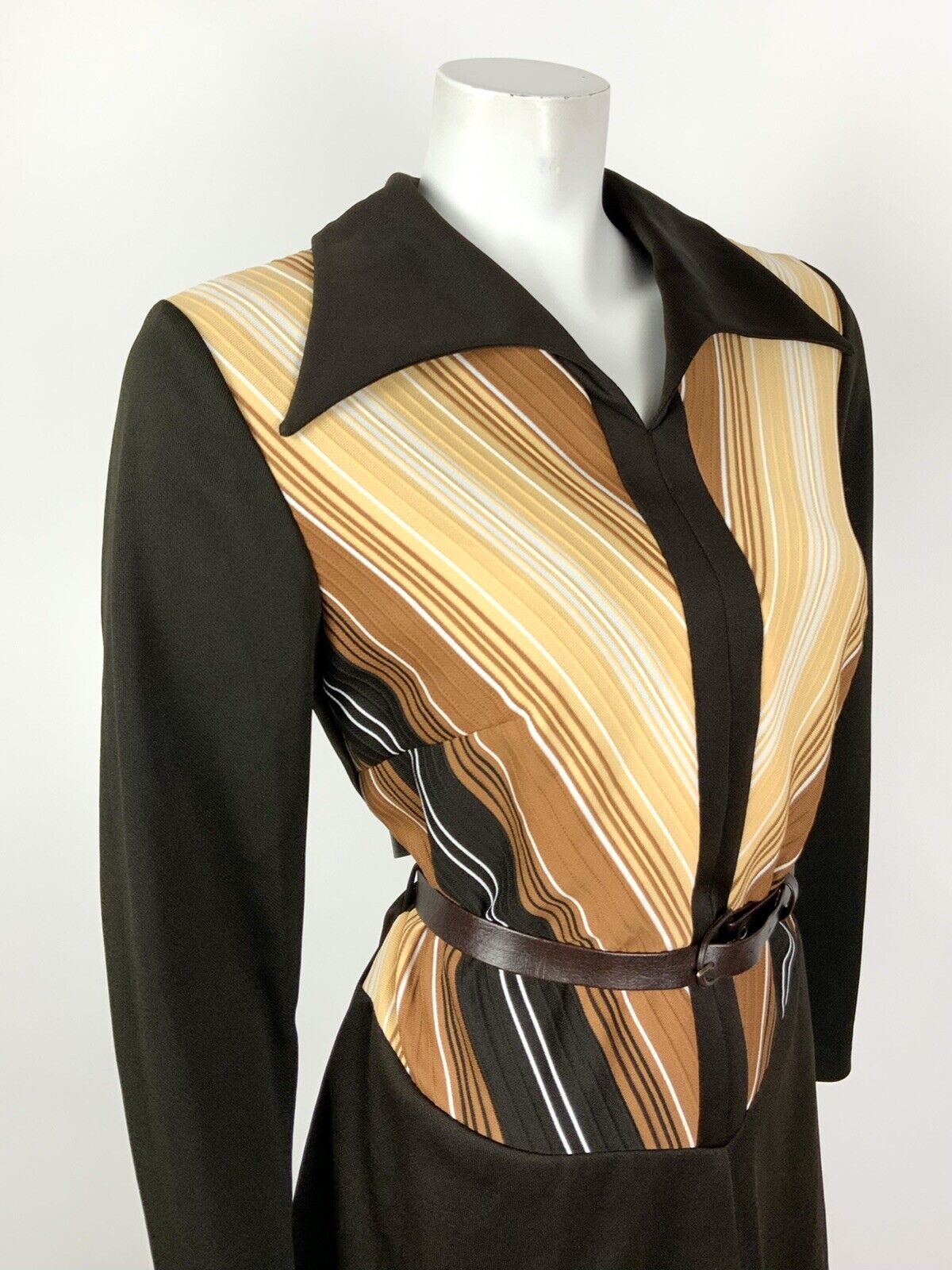 VTG 60s 70s MOD BROWN CREAM WHITE STRIPED WING COLLAR BELTED DRESS 14 16