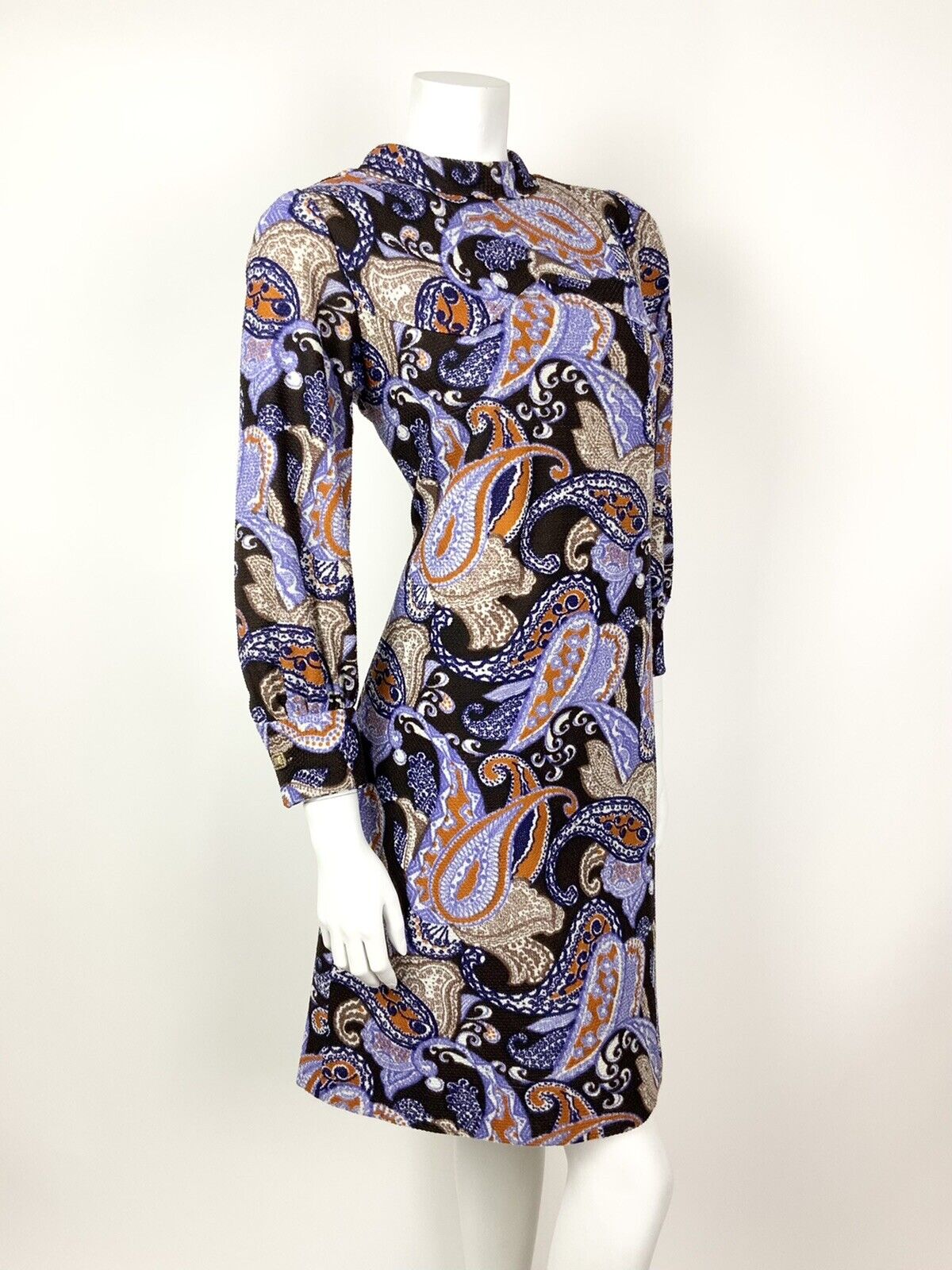 VTG 60s 70s BROWN PURPLE BLUE ORANGE PAISLEY PSYCHEDELIC MOD SHIFT DRESS 14 16