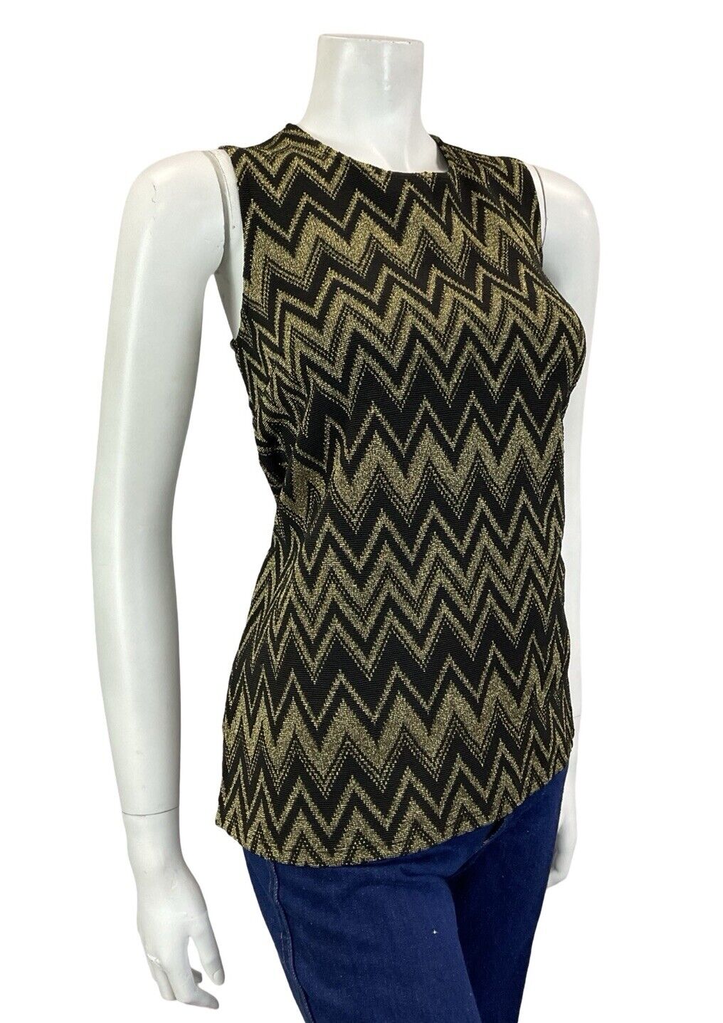 VTG 70S BLACK GOLD GEOMETRIC ZIG ZAG CHEVRON METALLIC DISCO PARTY TANK TOP 8