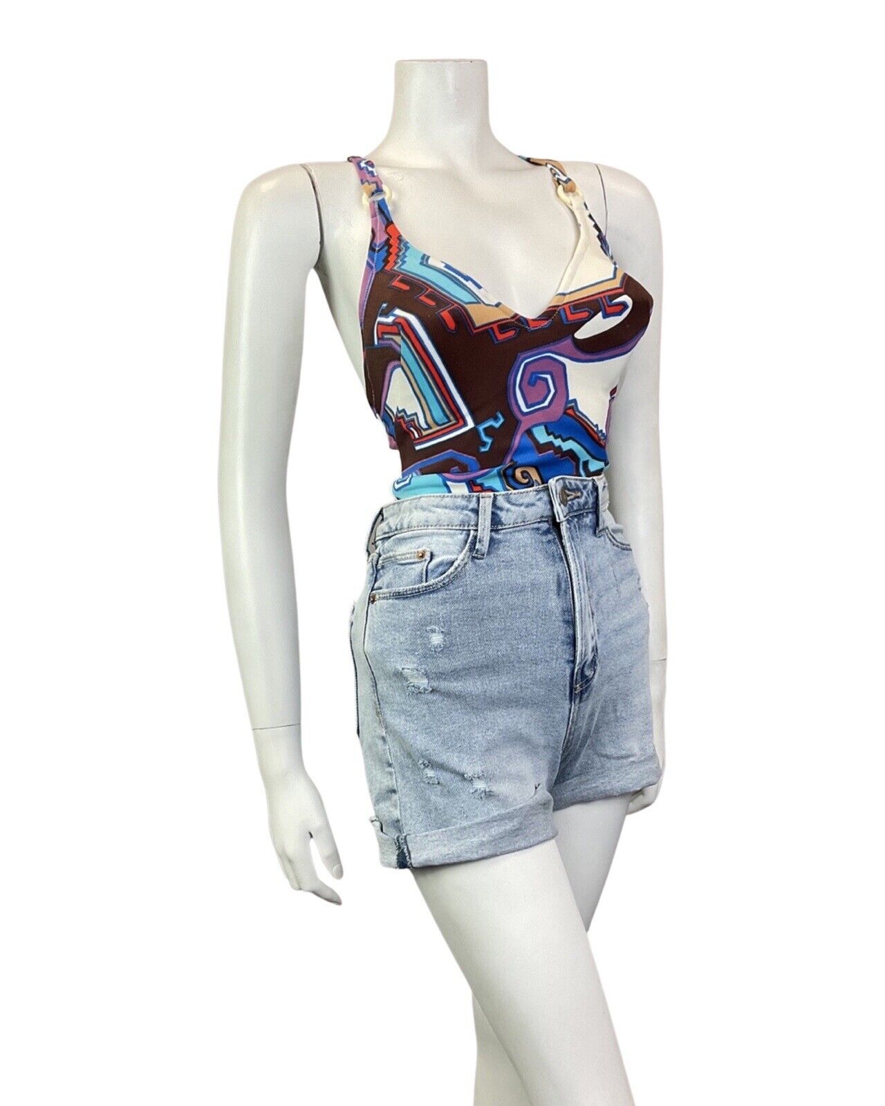 VINTAGE 60s 70s BLUE BROWN WHITE AZTEC GEOMETRIC STRAPPY SWIMSUIT 14