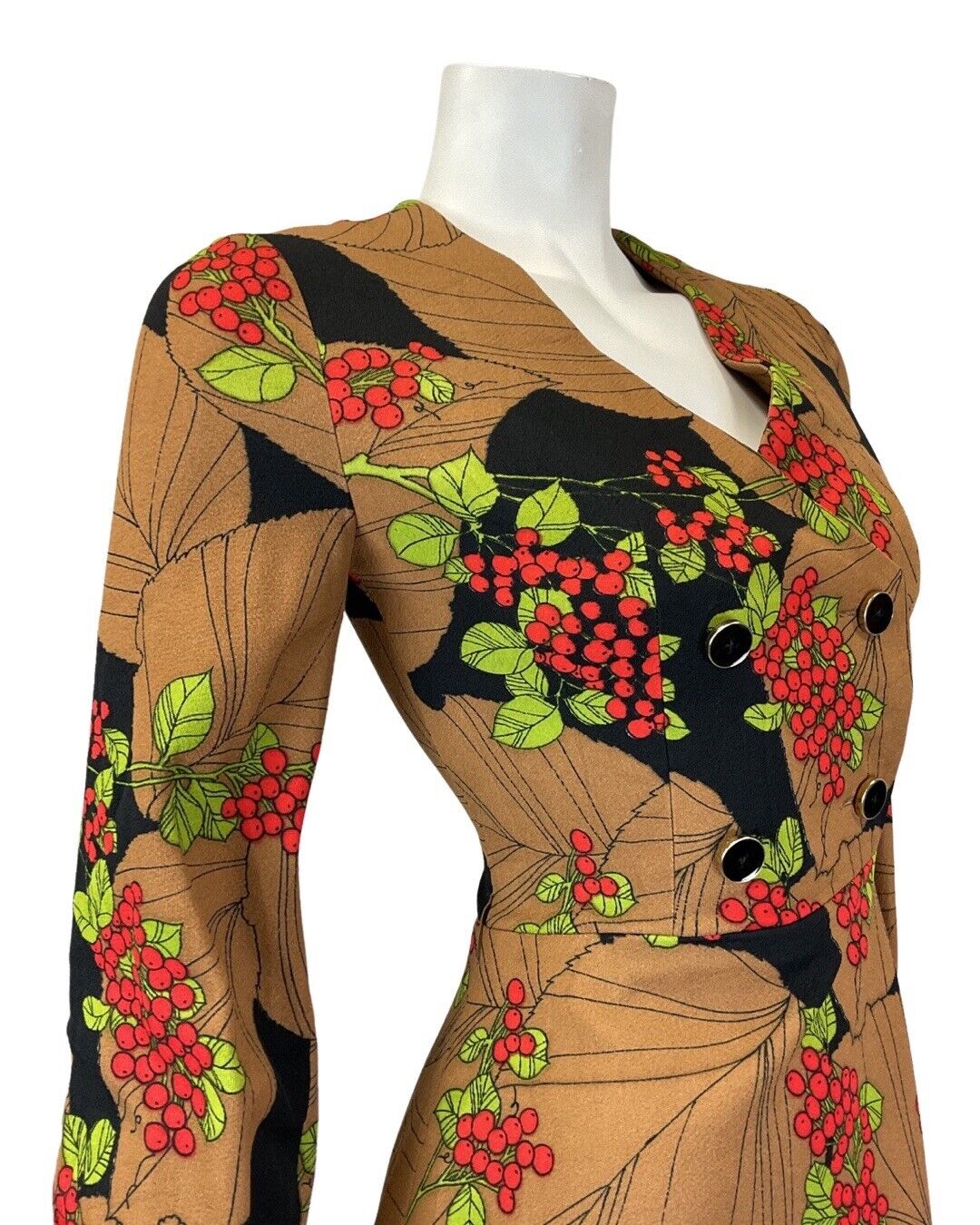 VINTAGE 60s 70s BROWN BLACK RED LEAFY BERRY MOD FIT & FLARE SHORT DRESS 6 8