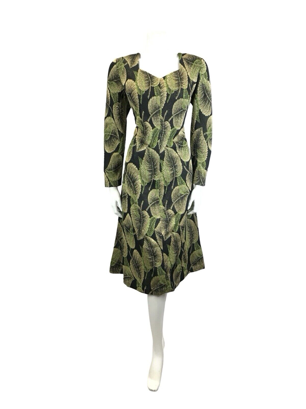 VTG 60S 70S BLACK GREEN GOLD LEAF LUREX SWEETHEART PARTY MIDI DRESS 1214 M