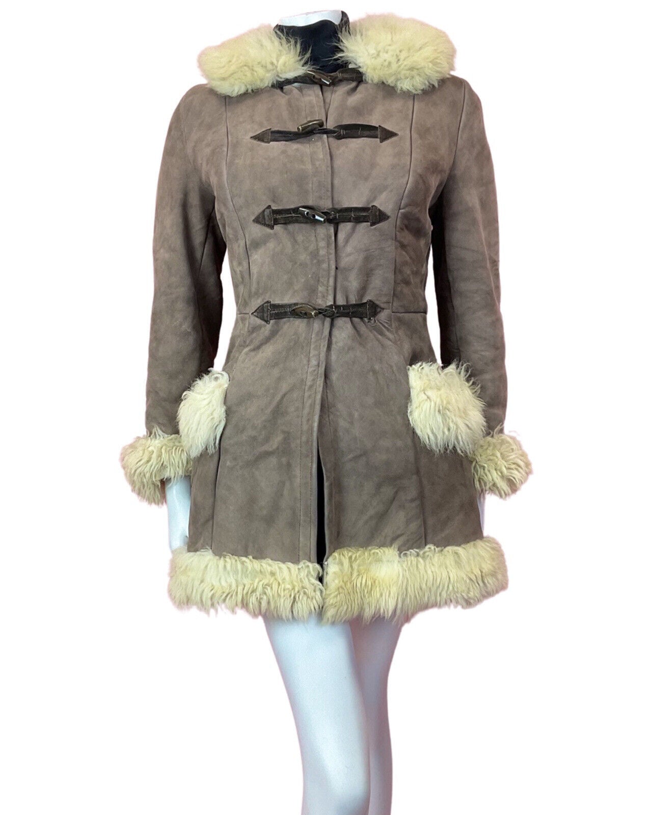 VINTAGE 60s 70s PEANUT BROWN CREAM SUEDE LEATHER BOHO SHEARLING COAT 10 12