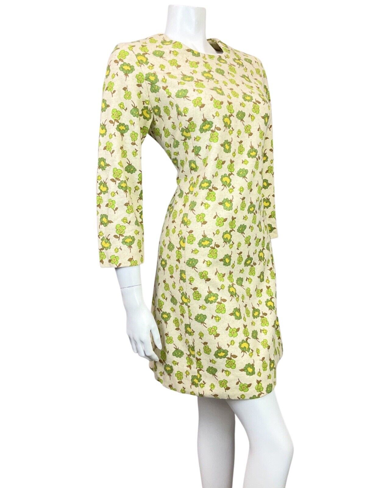 VINTAGE 60s 70s CREAM GREEN YELLOW FLORAL LEAFY DAISY MOD WOOL SHIFT DRESS 10 12