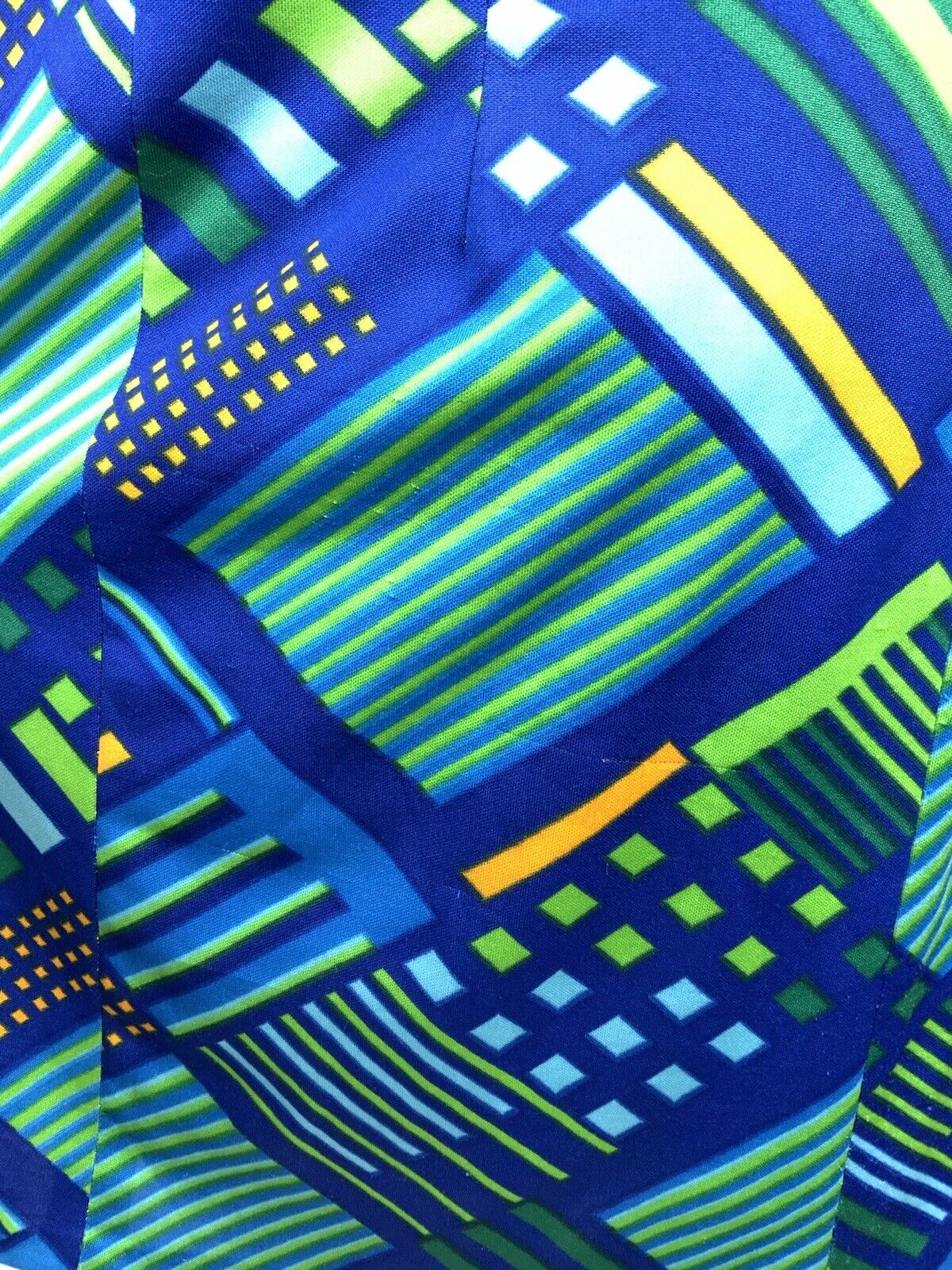 VINTAGE 60s 70s BLUE GREEN ORANGE GOLD GEOMETRIC STRIPED MOD SHIRT DRESS 16