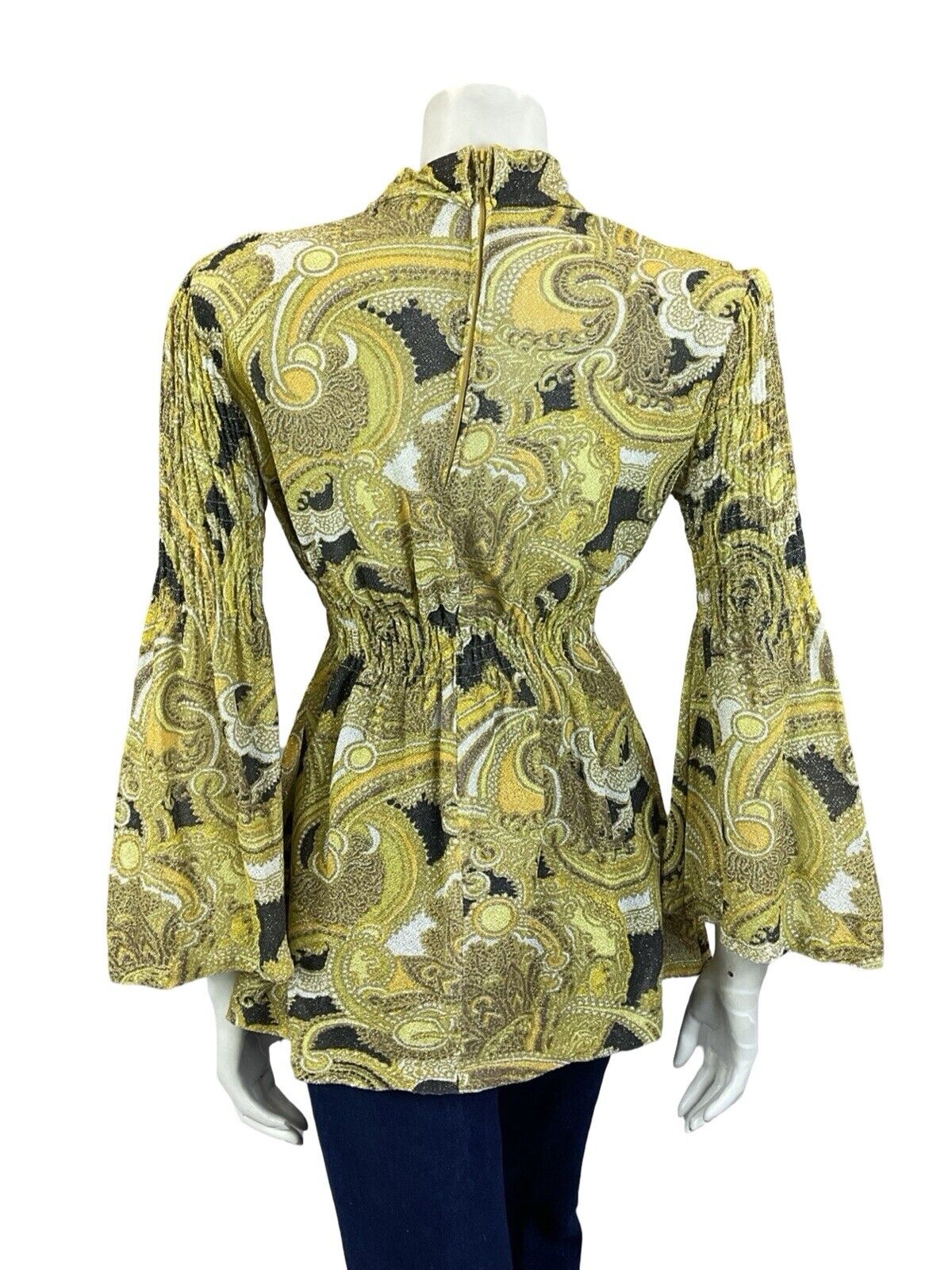 VTG 60S GOLD BLACK WHITE LUREX GLITTERY FLARE SLEEVE RUCHED COLLAR BLOUSE 8