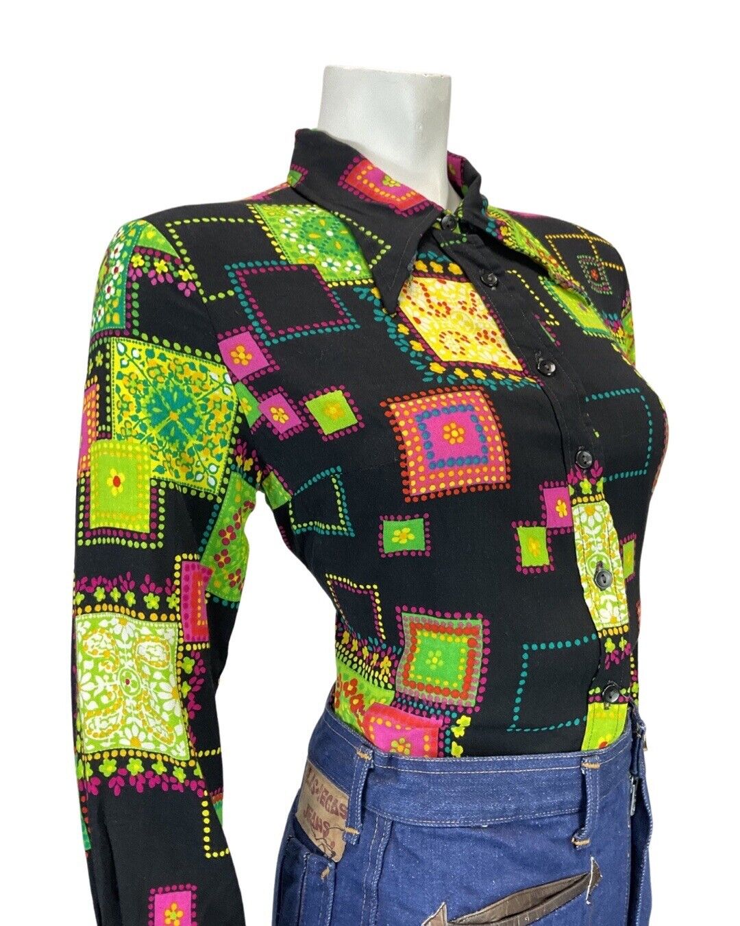 VINTAGE 60s 70s BLACK GREEN PINK PATCHWORK PAISLEY MOD DAGGER SHIRT 10 12