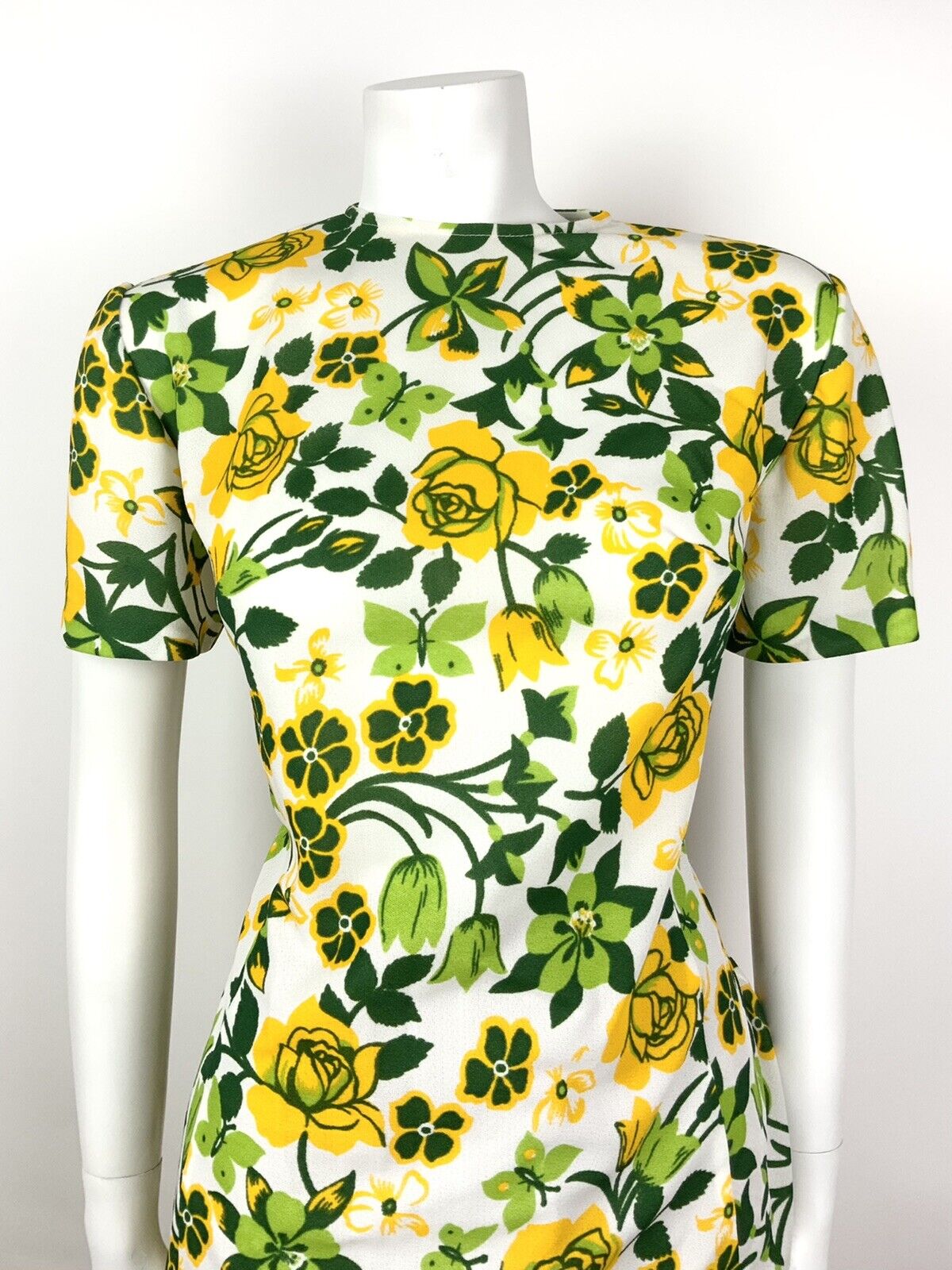 VINTAGE 60s 70s WHITE GREEN LIME YELLOW FLORAL ROSE TSHIRT TOP 12 14