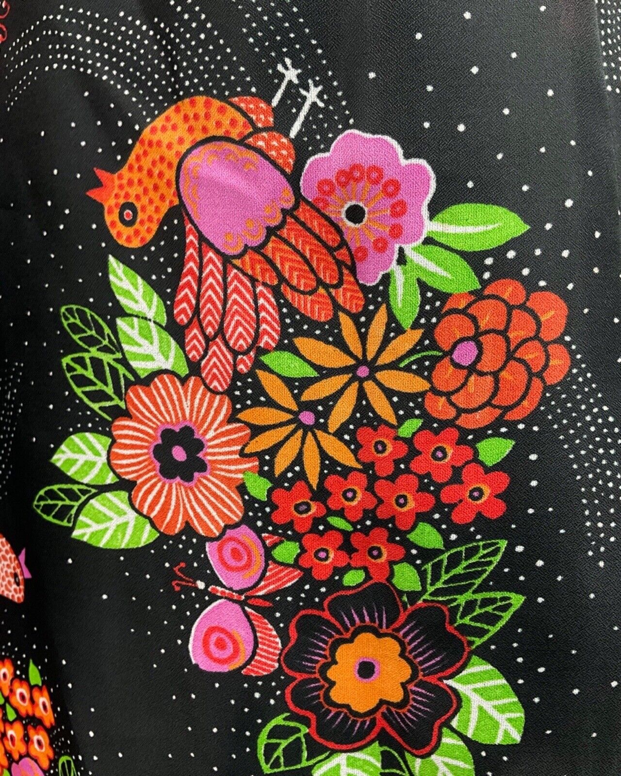 VTG 60s 70s BLACK PINK GREEN FLORAL BIRD BUTTERFLY SHEER SWING DRESS 12