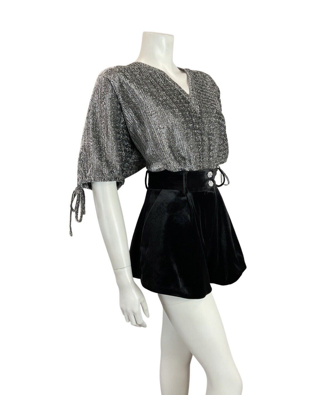 VINTAGE 60s 70s SILVER DISCO PARTY LUREX BLOUSE SHORT SLEEVE BLOUSE TOP 12 14