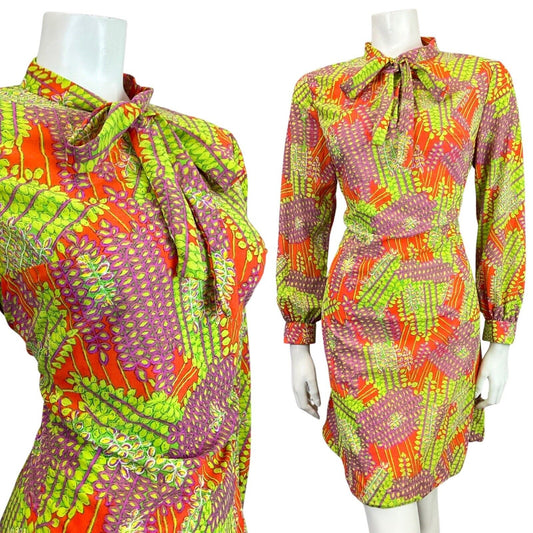 VINTAGE 60s 70s ORANGE GREEN PURPLE PSYCHEDELIC VINE LEAFY BOW MOD DRESS 12 14