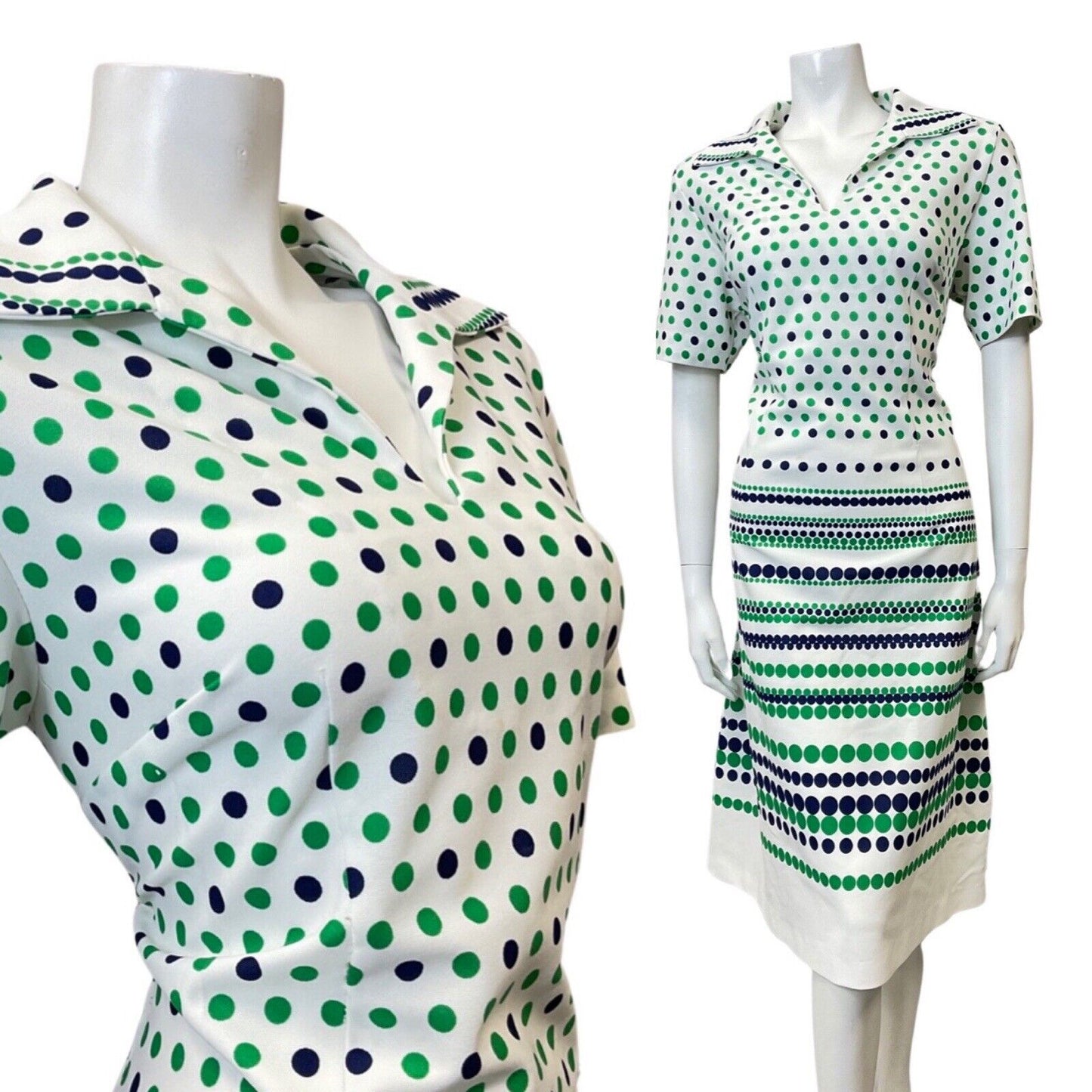 VINTAGE 60s 70s WHITE GREEN BLUE POLKA-DOT STRIPED MOD SHIRT DRESS 14 16