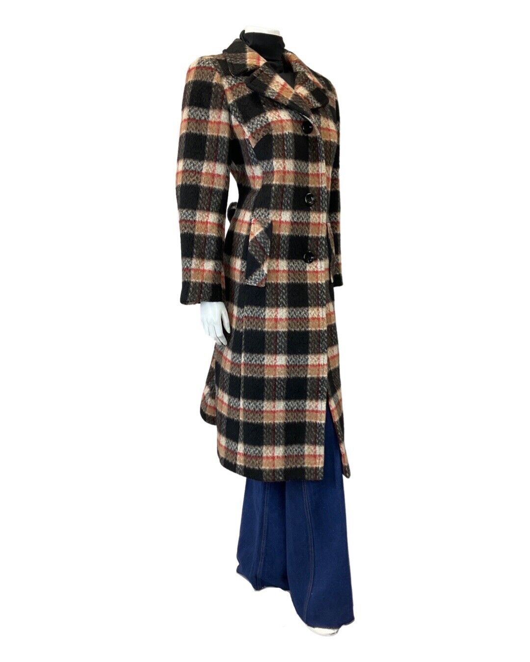 VINTAGE 60s 70s BLACK CREAM RED PLAID CHECKED MOD WOOL COAT 16