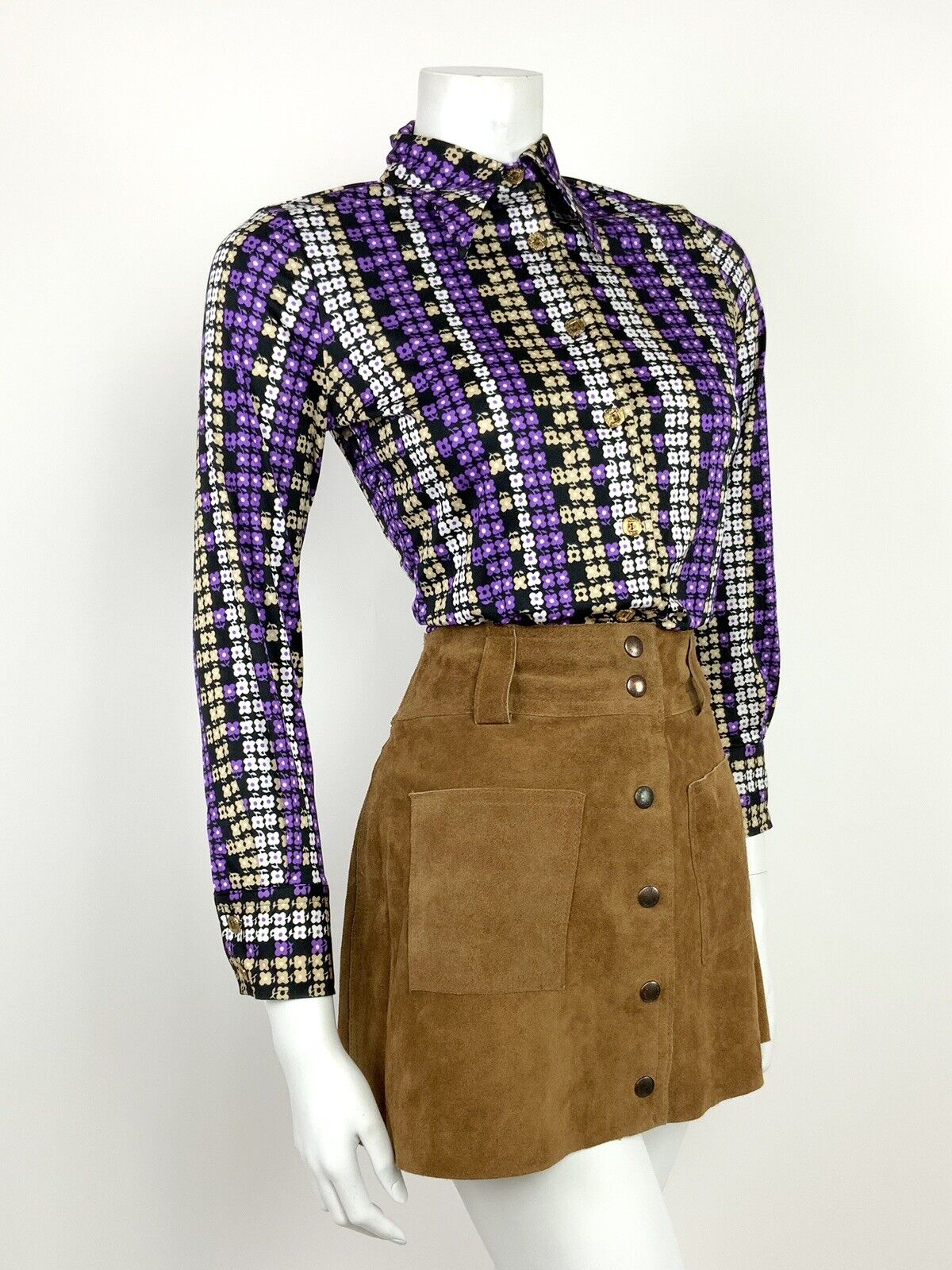 VINTAGE 60s 70s BLACK PURPLE WHITE BEIGE FLORAL PSYCHEDELIC DAISY SHIRT 10 12