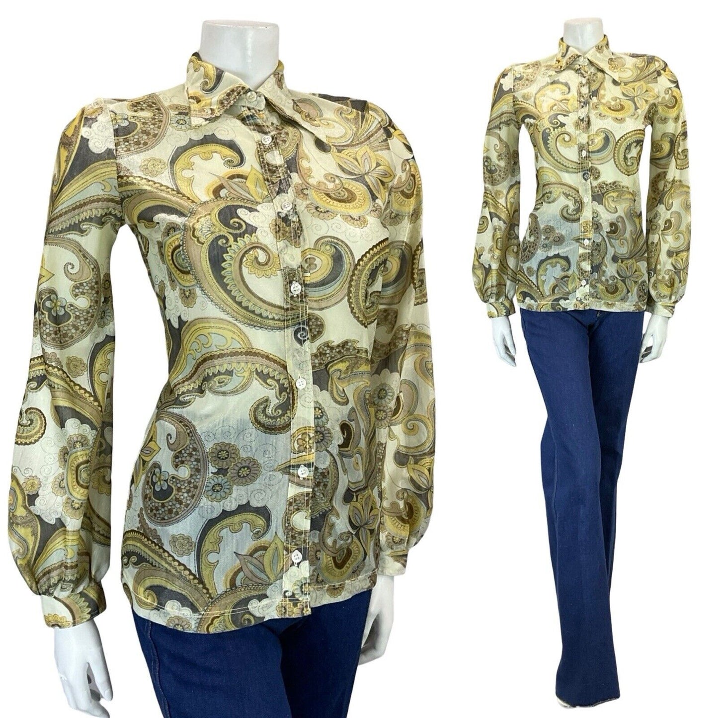 VTG 60S 70S CREAM YELLOW BLACK PSYCHEDELIC SHIMMERY DAGGER COLLAR PARTY SHIRT 6