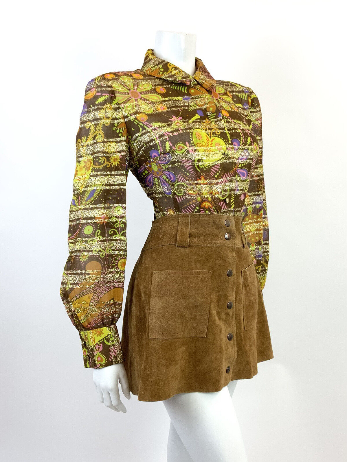 VTG 60s 70s BROWN PINK GREEN GOLD PSYCHEDELIC FLORAL STRIPED DAGGER SHIRT 14 16