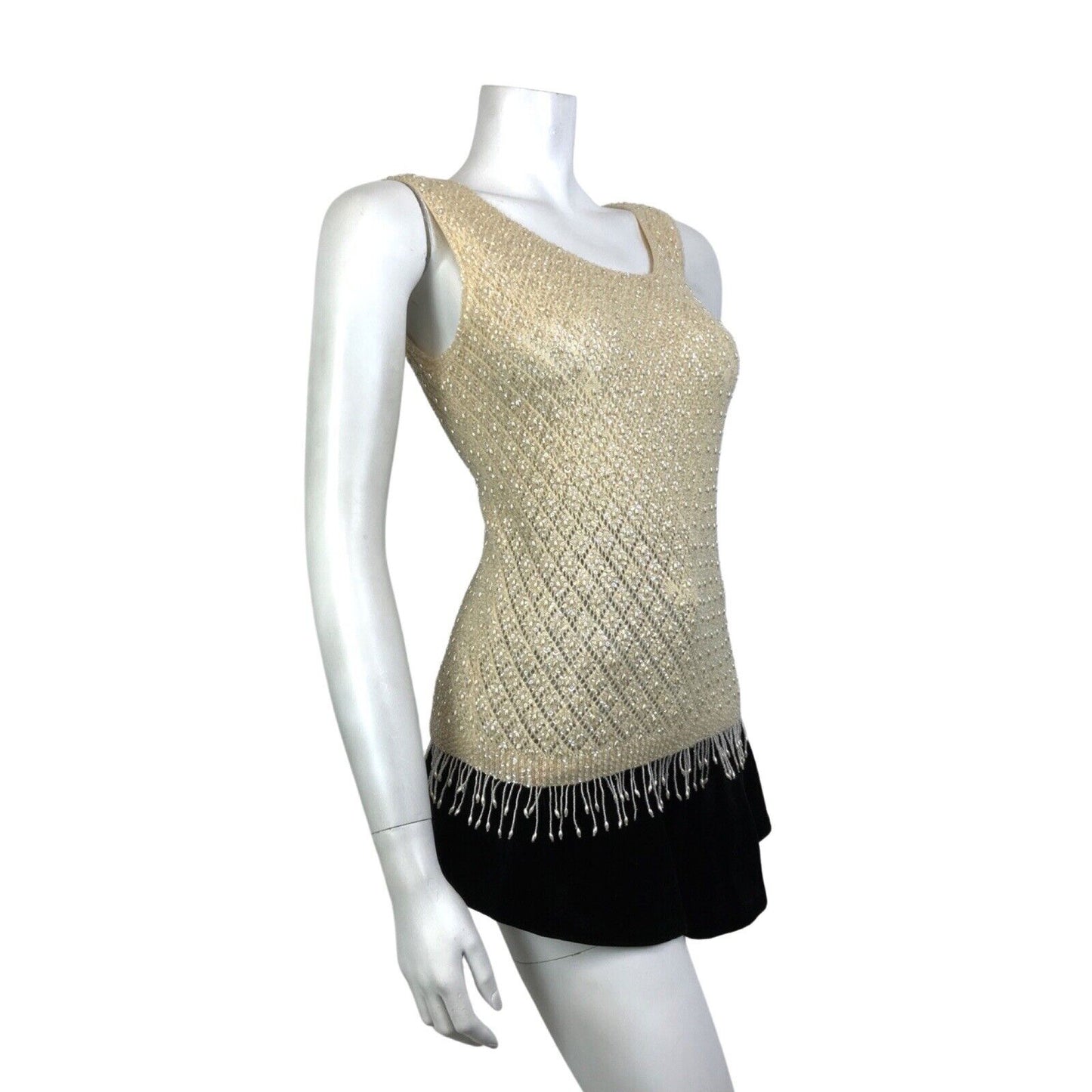 VINTAGE 70s CREAM IRIDESCENT PEARL SEQUIN BEADED TASSELED KNITTED TOP 8 10