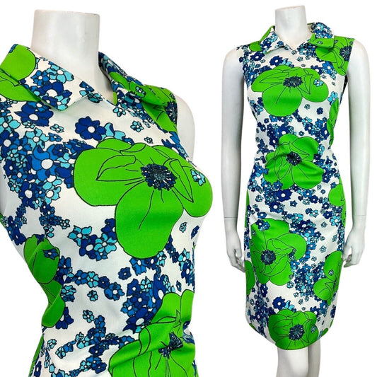 VINTAGE 60s 70s GREEN BLUE WHITE FLORAL MOD SUMMER SLEEVELESS DRESS 10