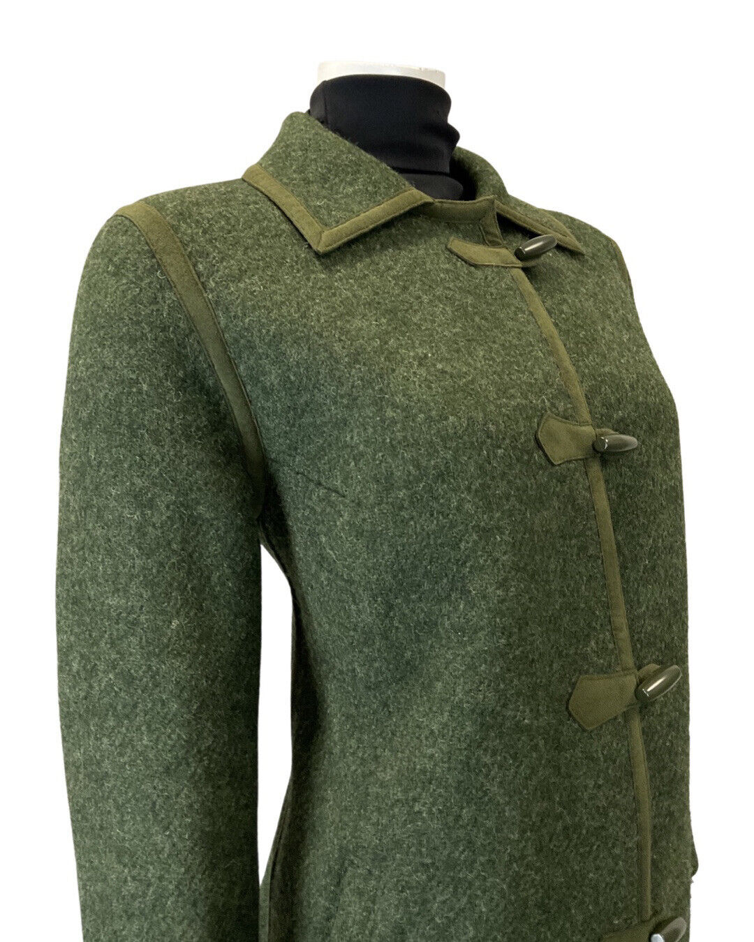 VINTAGE 60s 70s FOREST GREEN TOGGLE STRAIGHT-CUT LONG WOOL COAT 14