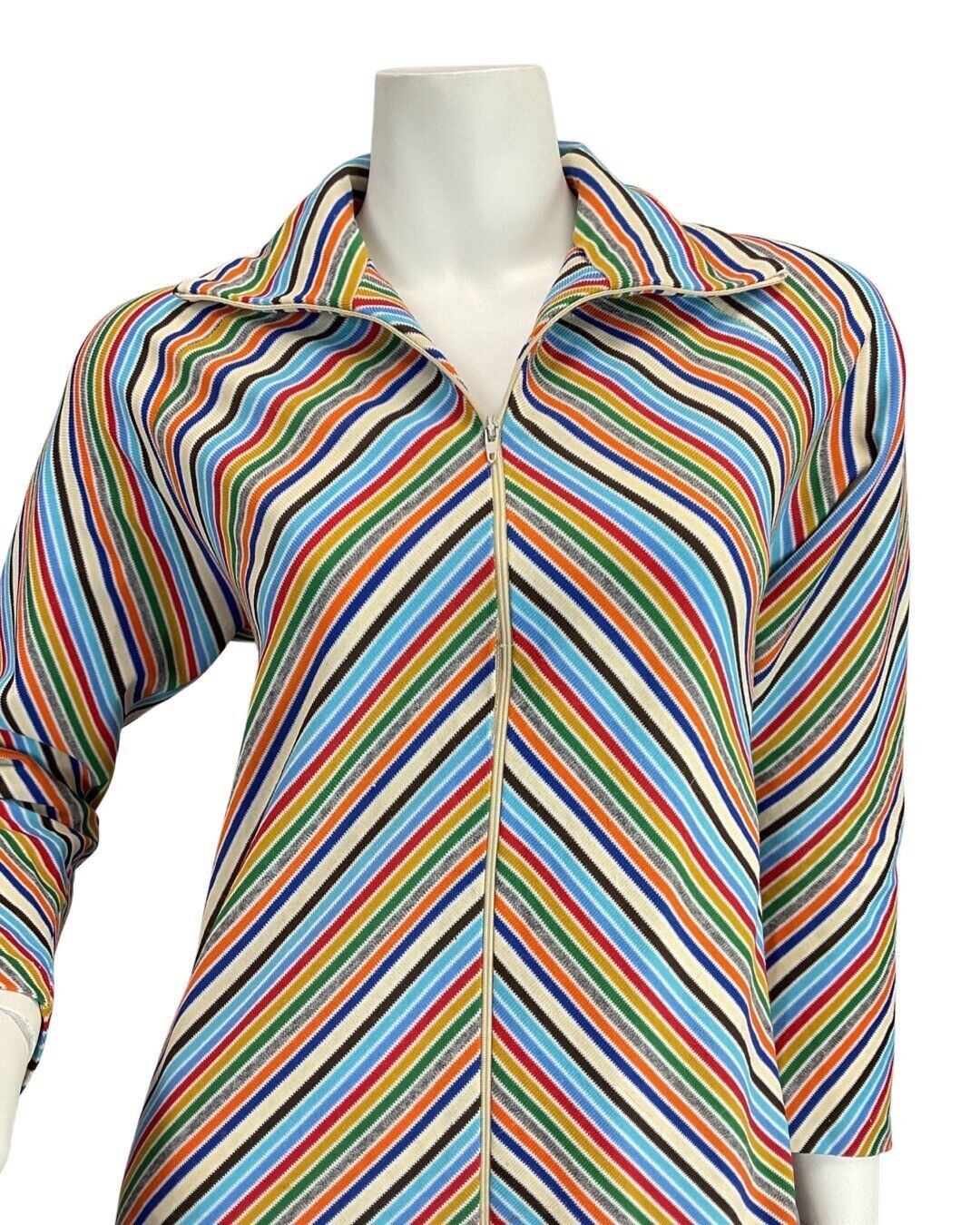 VINTAGE 70s BLUE WHITE RED GREEN STRIPED MOD ZIP-UP SHIRT MAXI DRESS 12 14