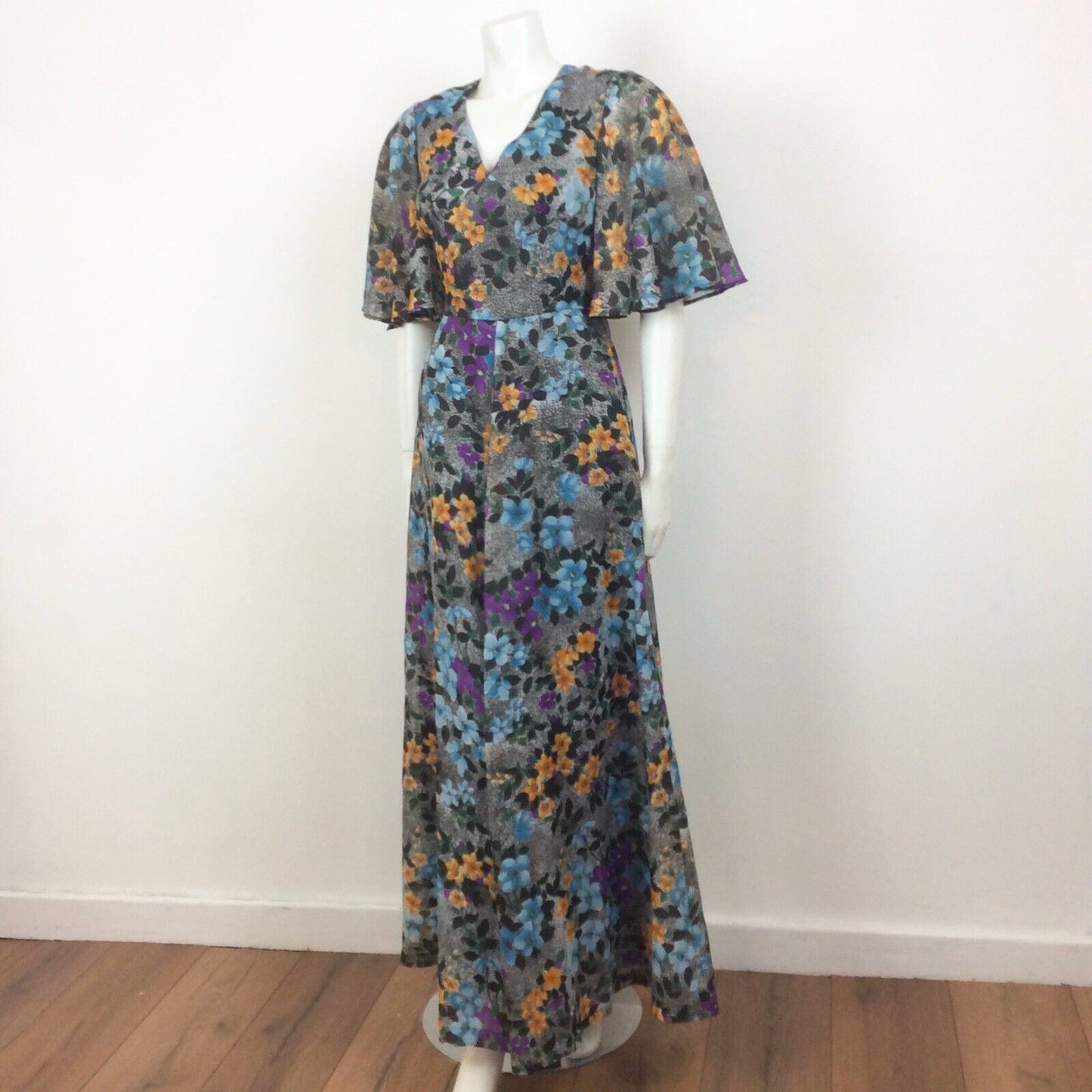 70S VINTAGE GREY GREEN BLUE PURPLE YELLOW FLOWER MAXI DRESS 10