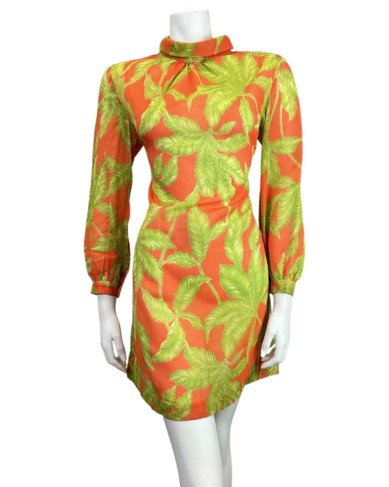 VINTAGE 60s 70s ORANGE GREEN PALM LEAF SHEER TURTLENECK MOD SHIFT DRESS 8 10